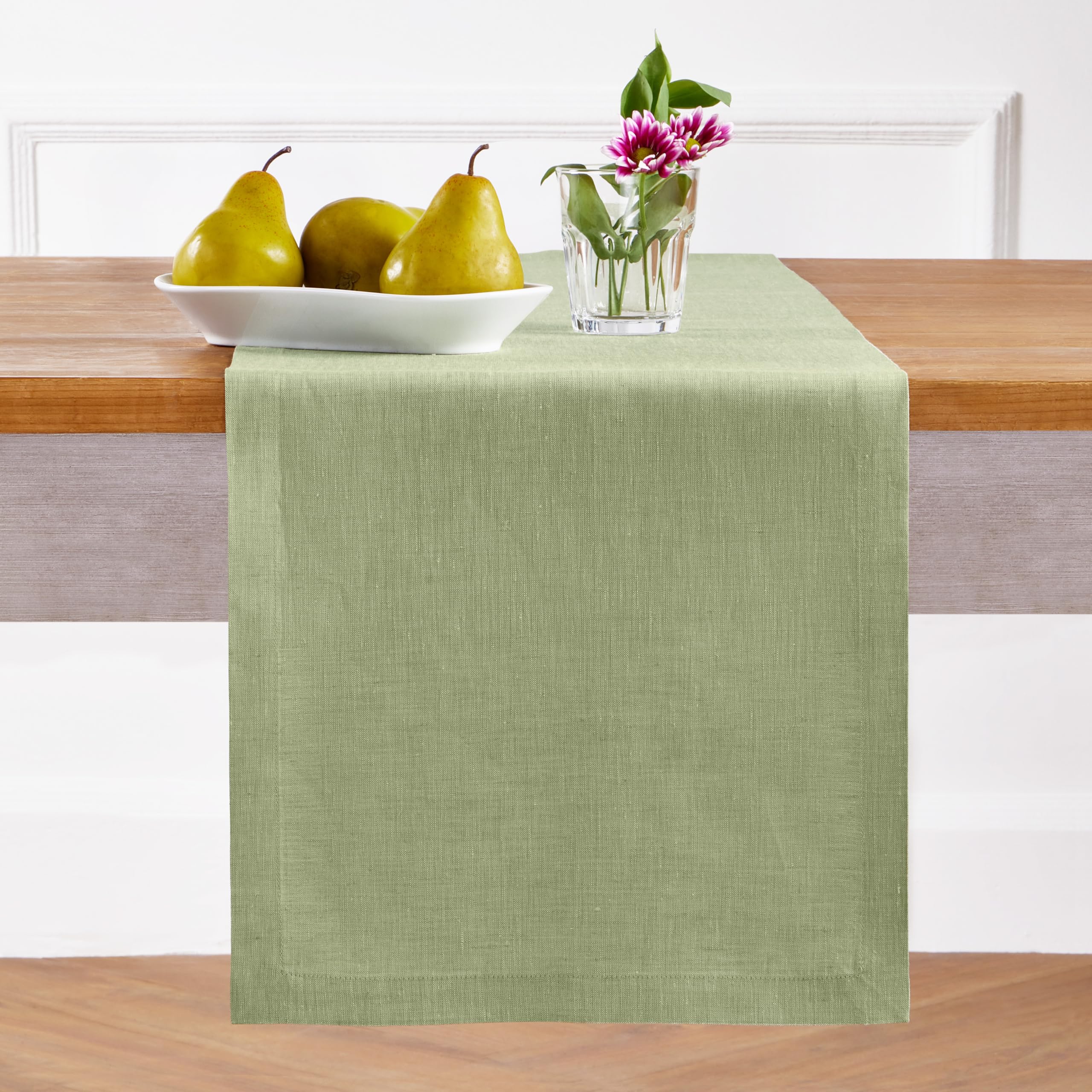 Solino Home Linen Small Table Runner 60 Inches - Athena, 100% Pure Linen Chambray Olive Table Runner 14 x 60 Inch Ideal for Dres