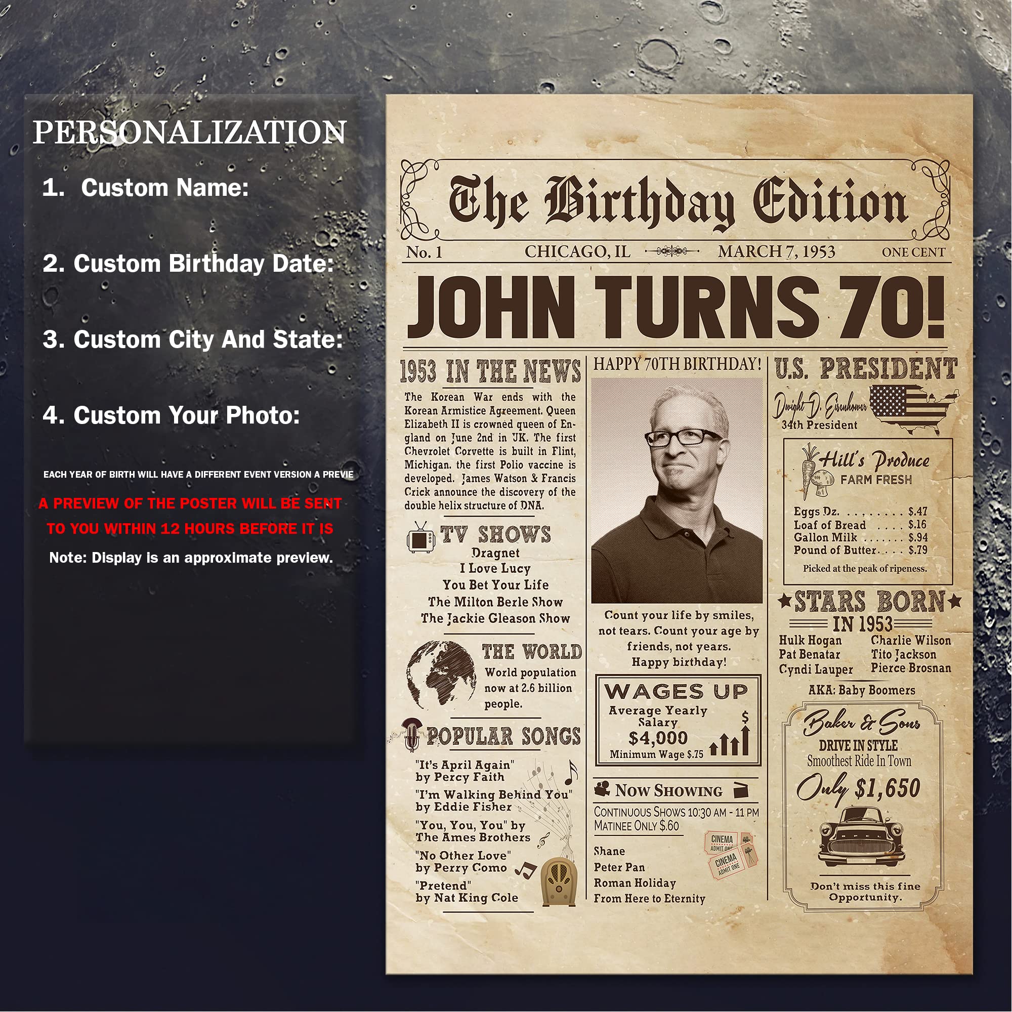 Personalized 70Th Birthday Newspaper Poster No Frame, Canvas Back In 1953 Gifts Idea Birthday, Anniversary, Custom Photo Birthda
