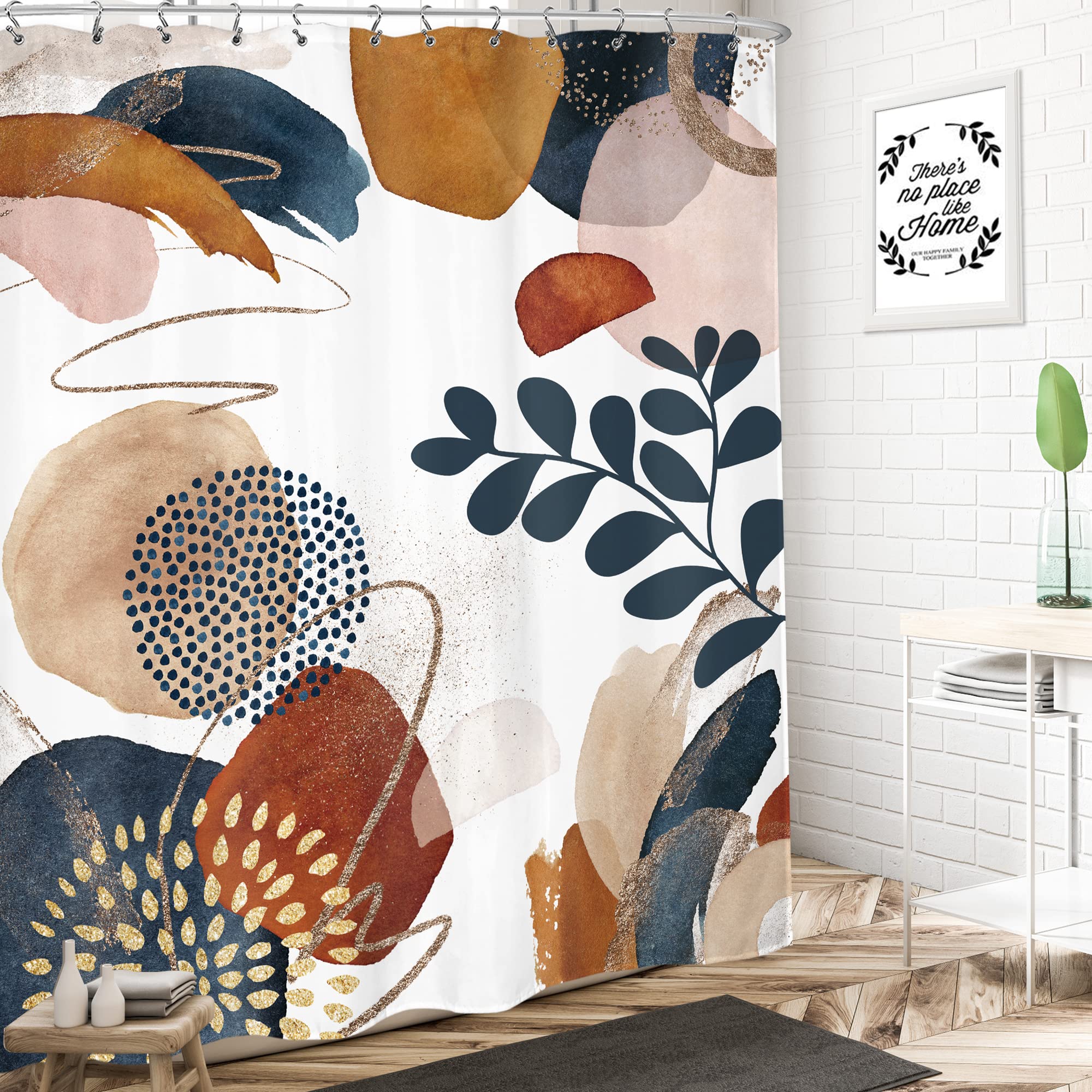 LIGHTINHOME Boho Mid Century Shower Curtain 72Wx72H Inches Abstract Navy Blue Gold Colorful Modern Geometric Leaves Plant Neutral Minimalist Bathroom Home Decor Waterproof Polyester Set with Hooks