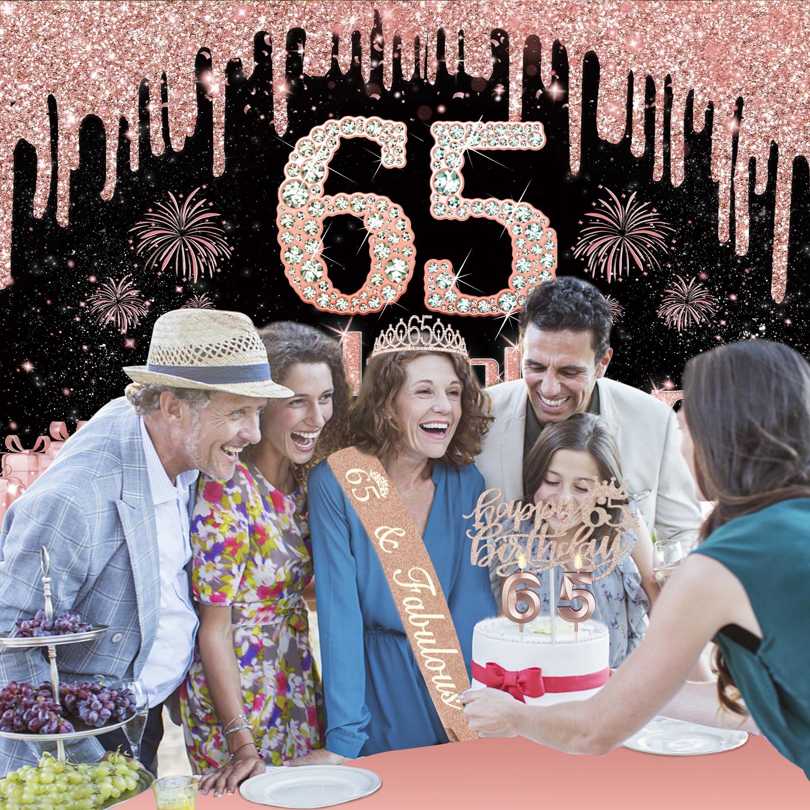 65Th Birthday Decorations For Women With Banner, Rose Gold Tablecloth, Number Balloons, 65Th Birthday Sash And Tiara, Cake Toppe