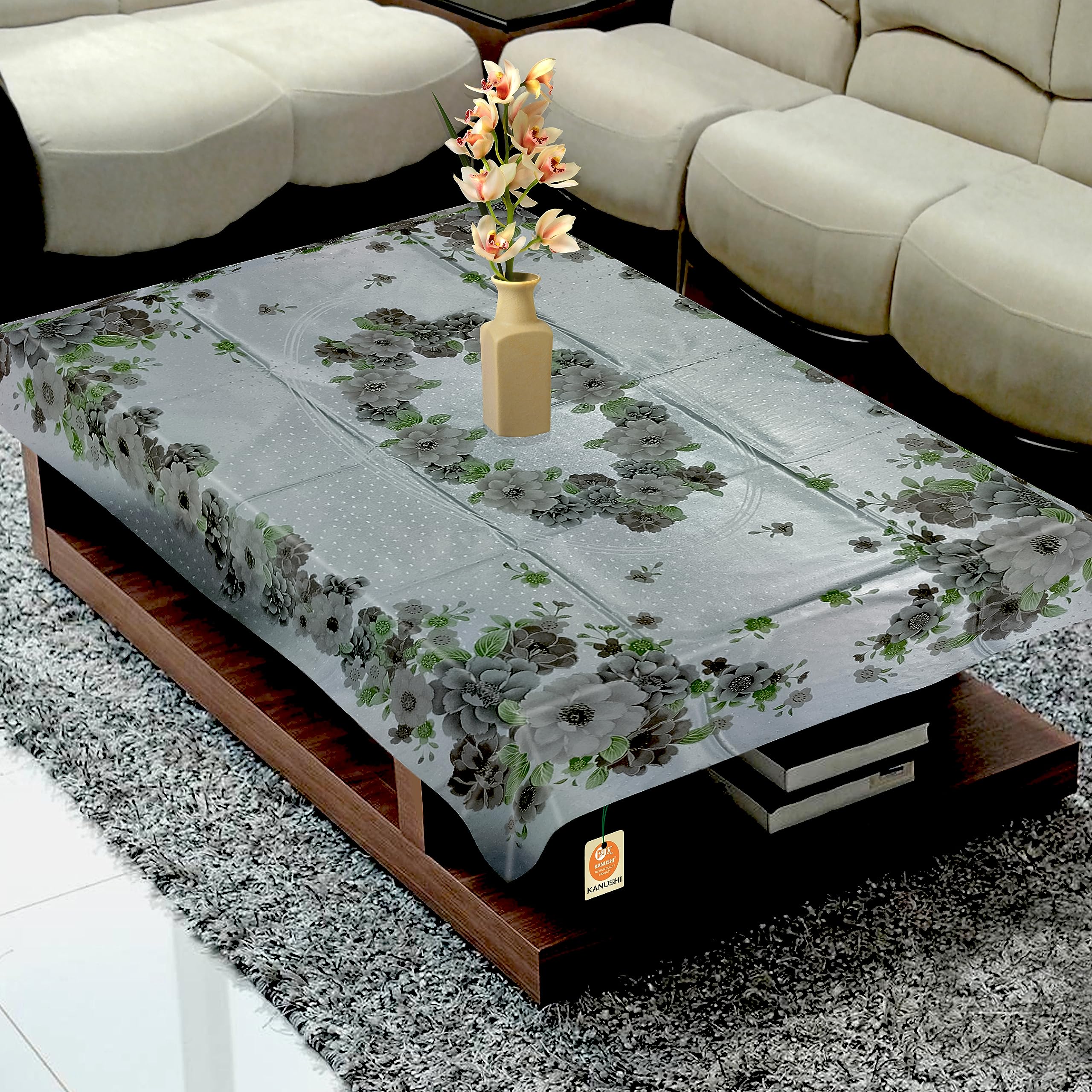 KANUSHI Industries 100% Waterpoof & Dustproof Plastic Center Table Cover for 4 Seater(40 * 60inch)(TCoverPrintedFlowerGrey)