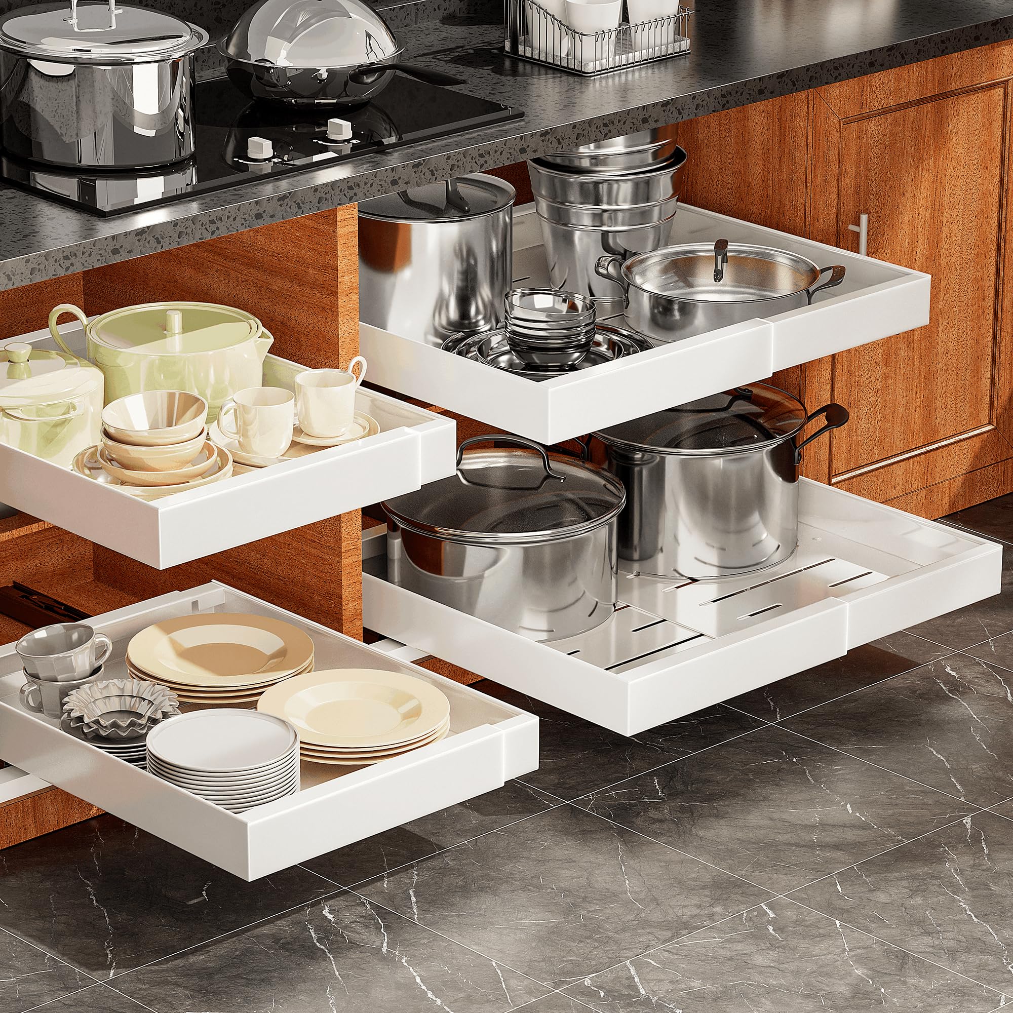 4 Pack Pull Out Cabinet Organizer for Pots and Pans, Upgraded 3Slide Rail System with Adhesive Pads, Expandable Width (15.226