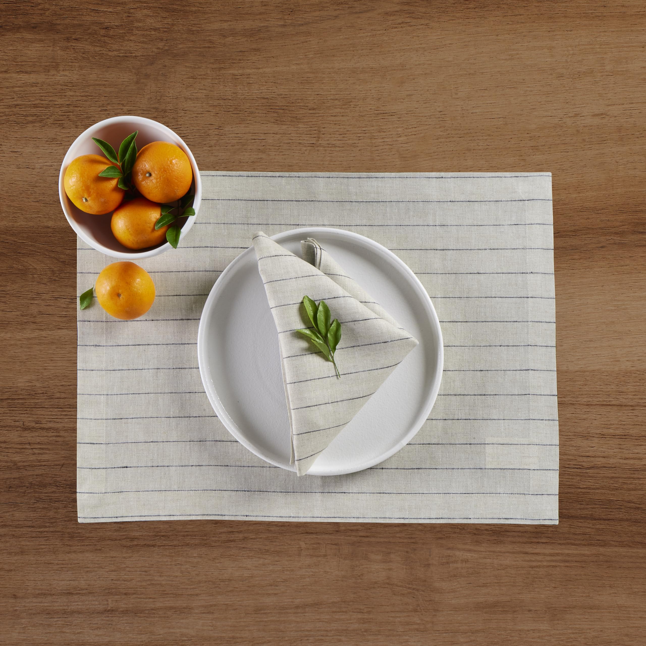 Solino Home Pinstripe Linen Placemats 19'' L X 14'' W Inch - 100% Pure Linen Light Natural And Black Cloth Placemats Set Of 4 -