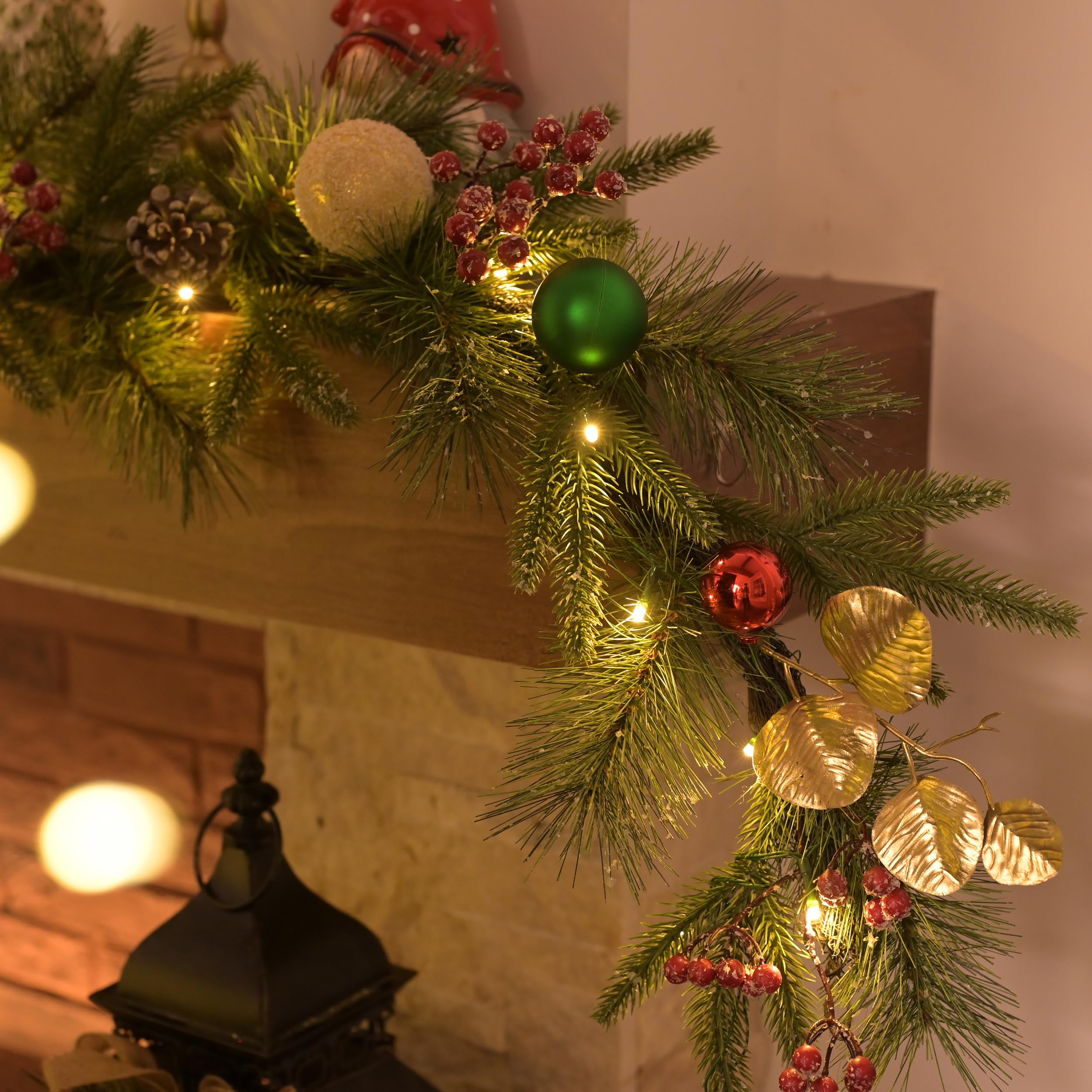Valery Madelyn 6 Ft Pre-Lit Christmas Garland with Light for Mantle, Lighted Outdoor Xmas Garland with Red Green Gold Ball Norfo
