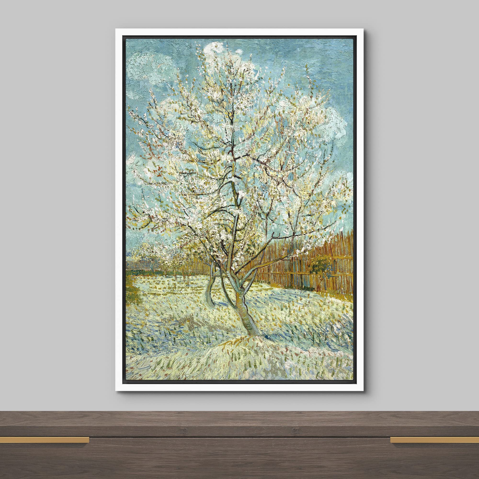 Wall26 The Pink Peach Tree By Vincent Van Gogh - Framed Canvas Print Wall Art Famous Oil Painting Reproduction - 16''X24'' White
