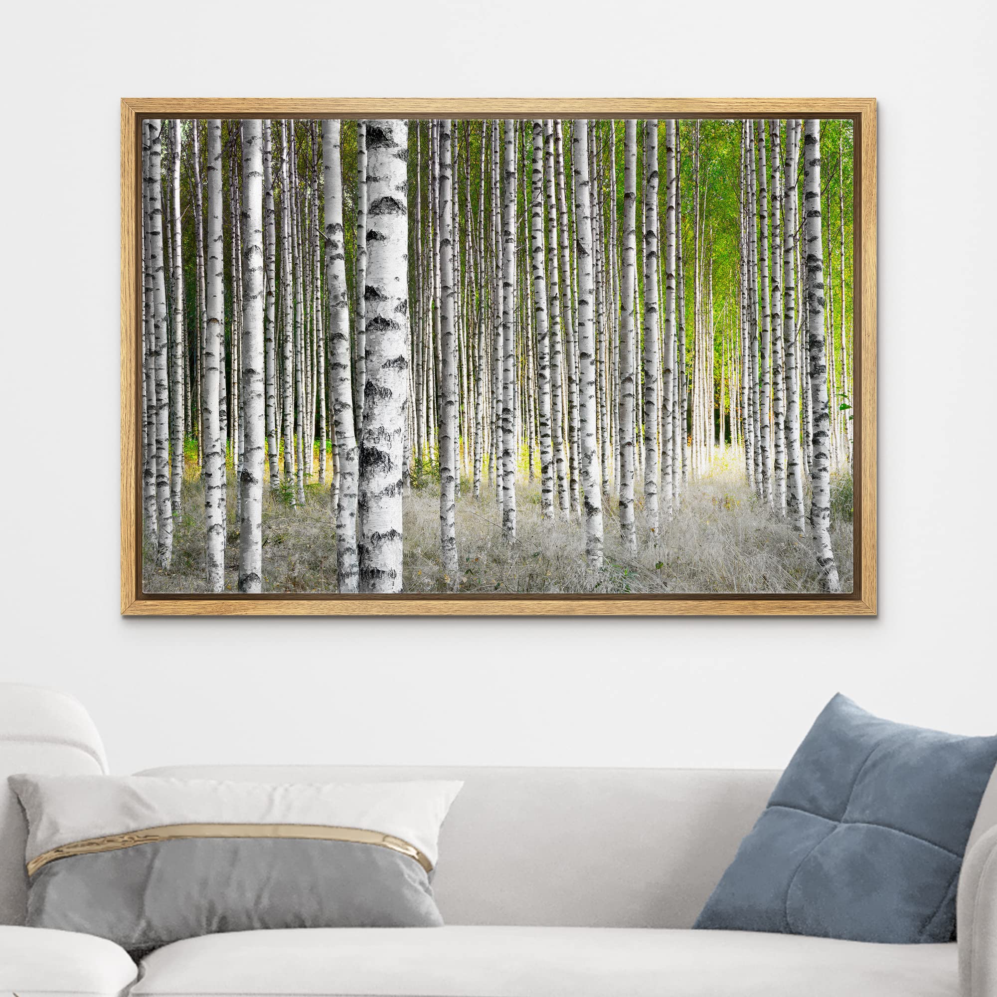 wall26 Framed Canvas Print Wall Art White Birch Trees in Green Forest Nature Wilderness Photography Modern Art Rustic Scenic Colorful Multicolor for Living Room  Bedroom  Office - 16''x24'' Natural