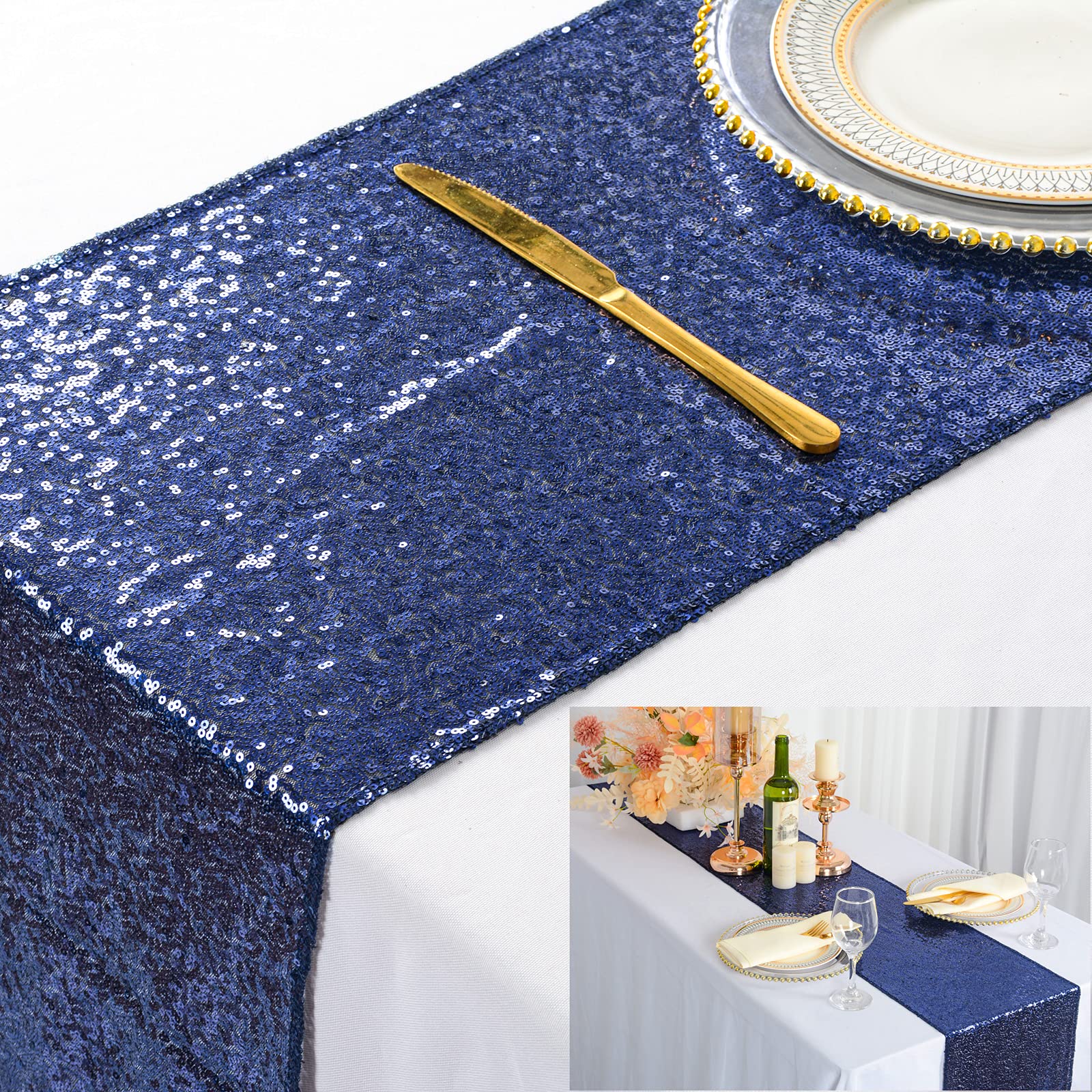 Shinybeauty 12'' X 108'' Sequined Table Runner- Navy Blue Table Runner Coffee Table Runner Linen Sparkle Table Runner For Party