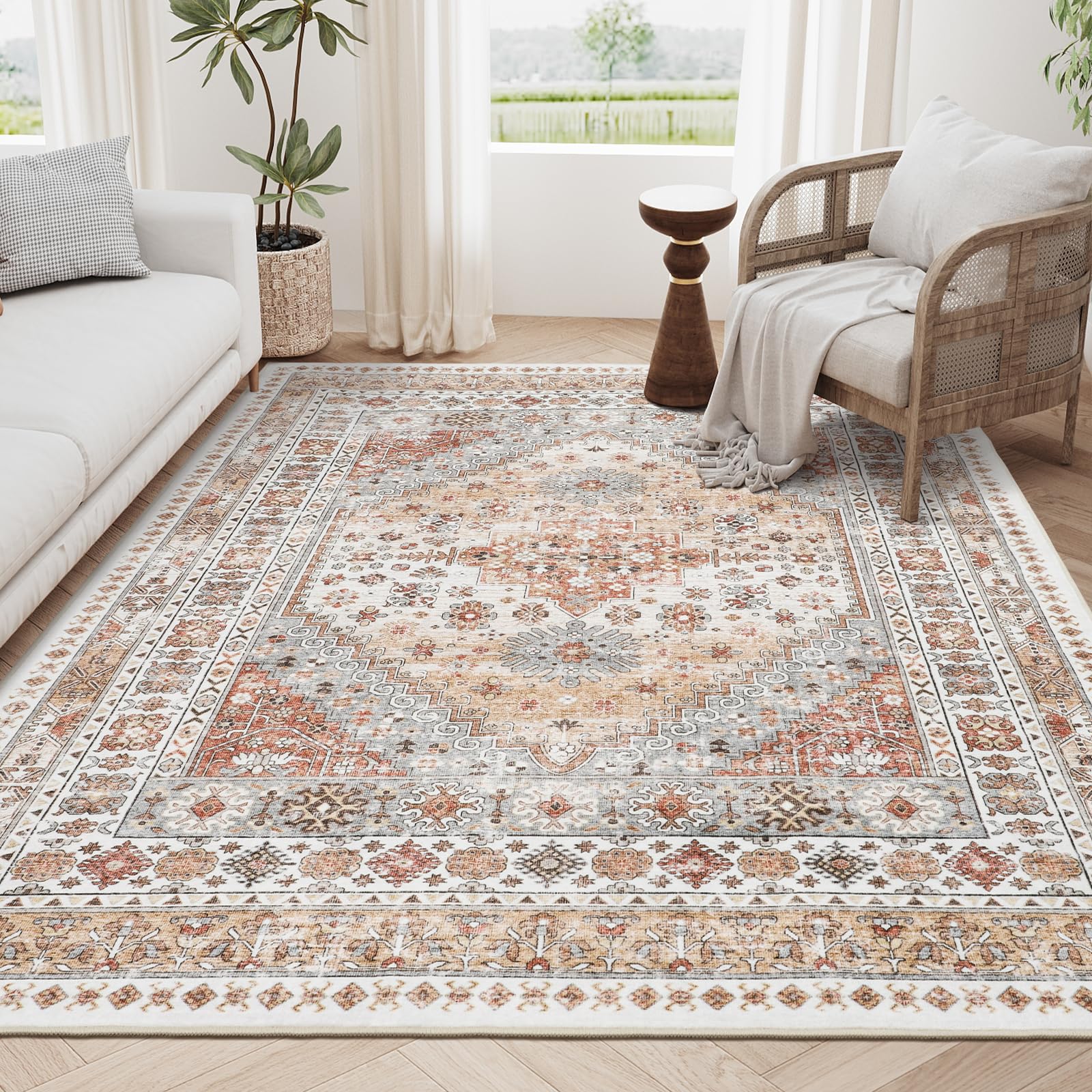 zesthome 8x10 Area Rugs for Living Room,Non-Slip Backing Washable Rugs,Vintage Large Area Rug,Stain Resistant Home Decor Rug (Or