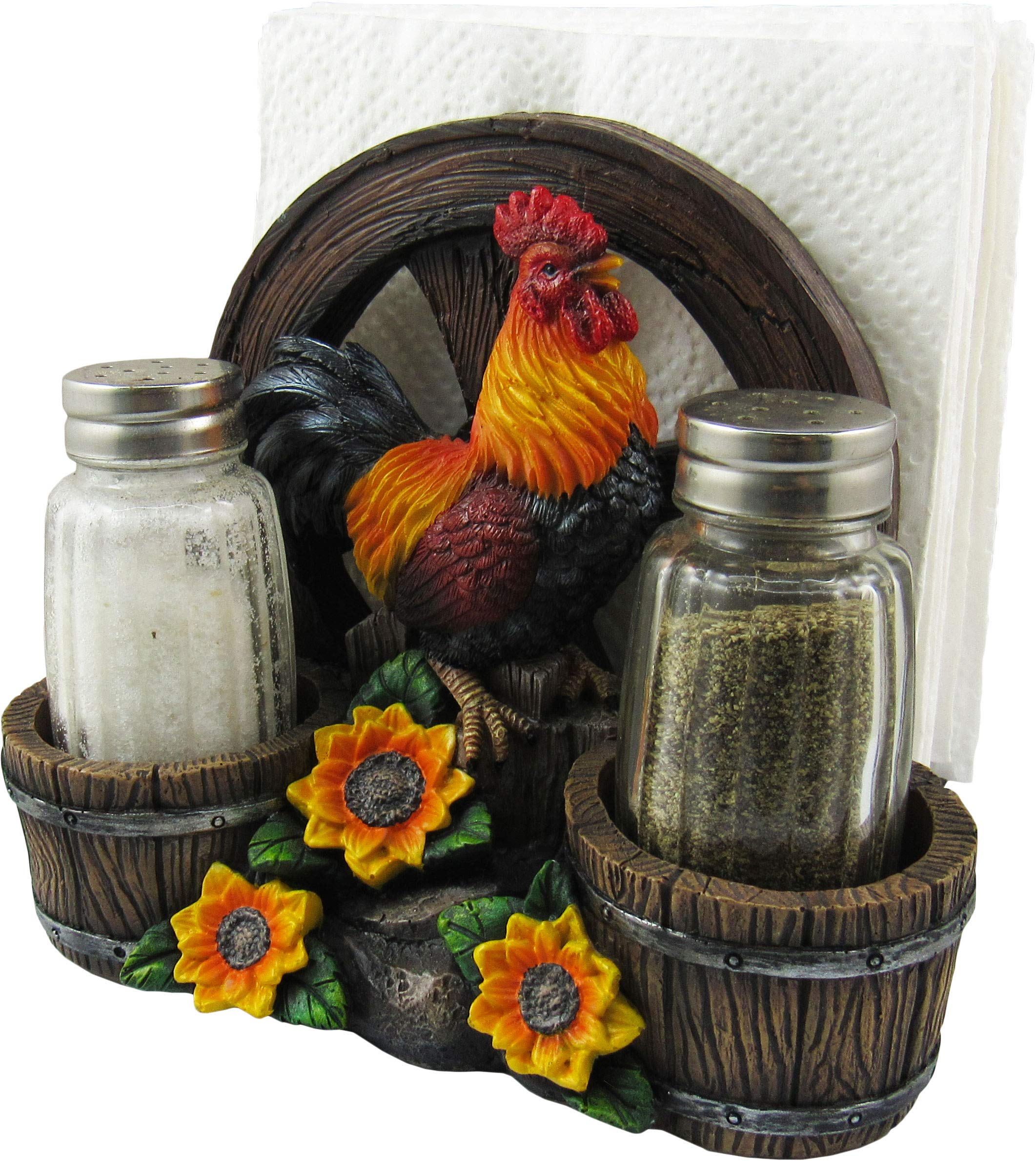 Dwk - Country Diner - Rooster With Wagon Wheel Farm Barrel And Sunflowers Napkin Salt & Pepper Shaker Holder Home D  Cor Kitchen