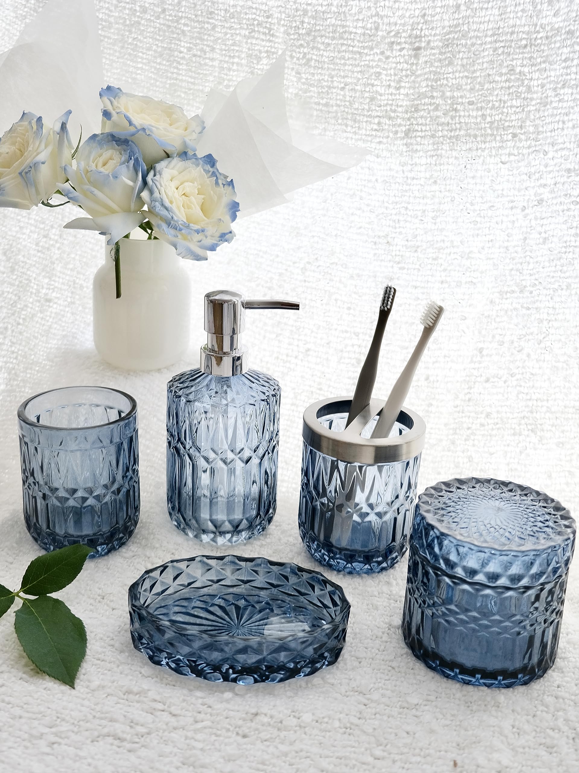 LaMarriti 5Pcs Blue Glass Bathroom Accessory Complete Set  Lotion Dispenser  Soap Dish  Tumbler  Cotton Swab Jars  Toothbrush Holder Set  Modern Bathroom Decor and Gift Set  Blue