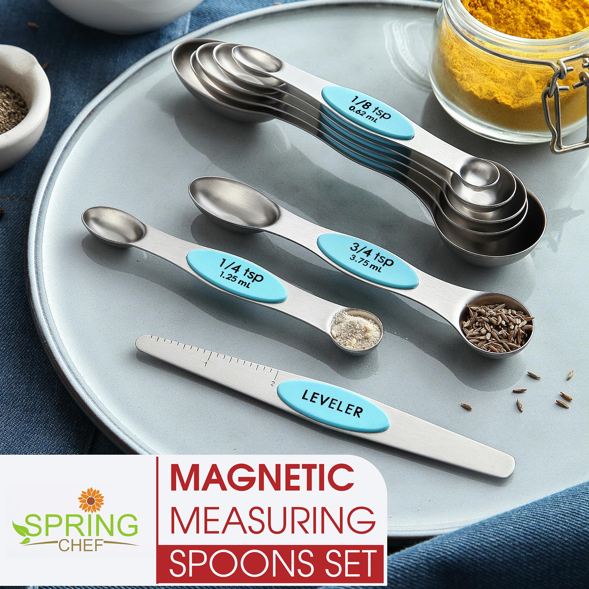 Spring Chef Magnetic Measuring Spoons Set, Dual Sided, Stainless Steel, Fits In Spice Jars, Blue - Aqua Sky, Set Of 8