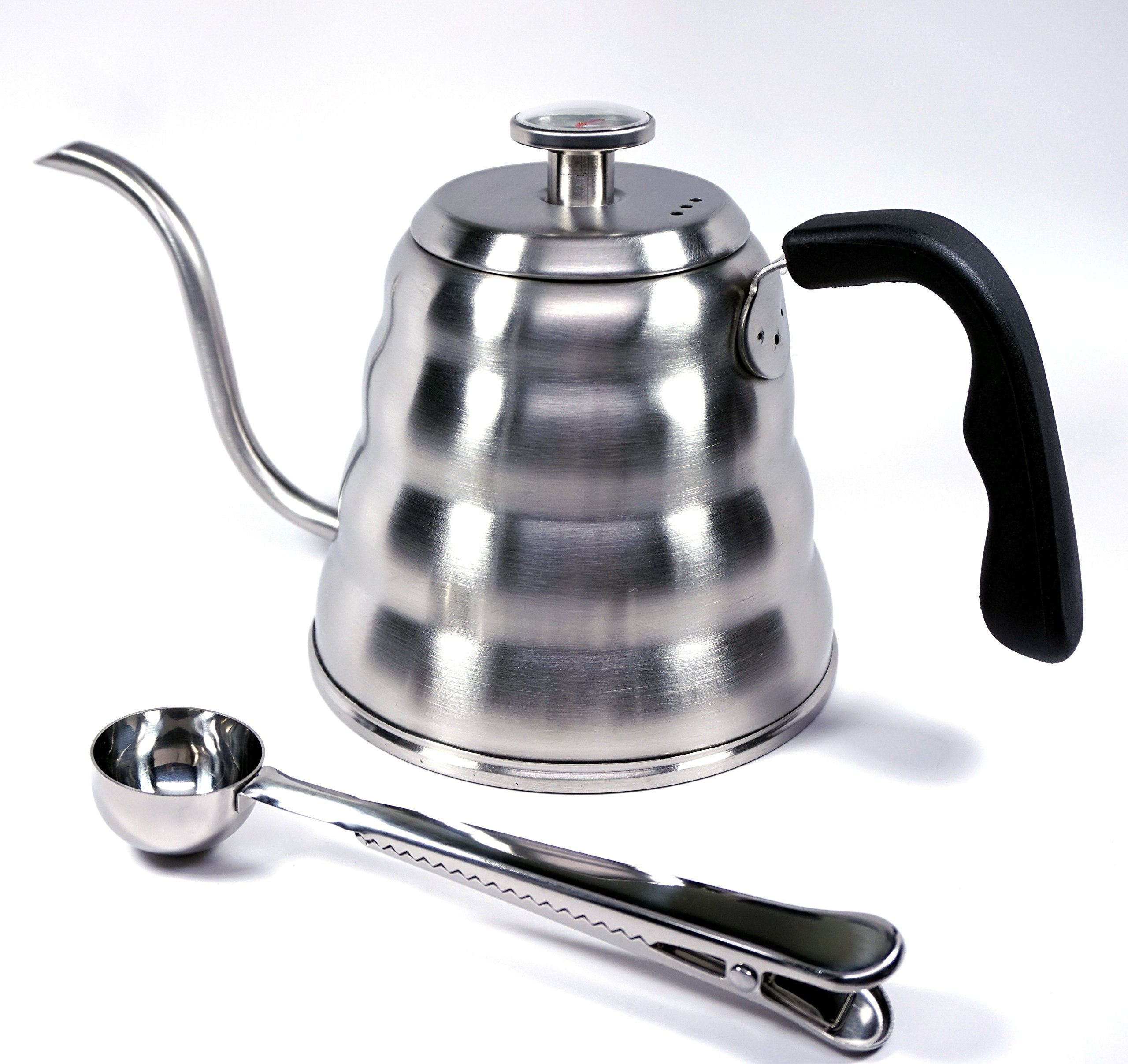 Pour Over Coffee Kettle With Thermometer 1.2L - Gooseneck Hand Grip - Premium Stainless Steel - Bonus Coffee Scoop