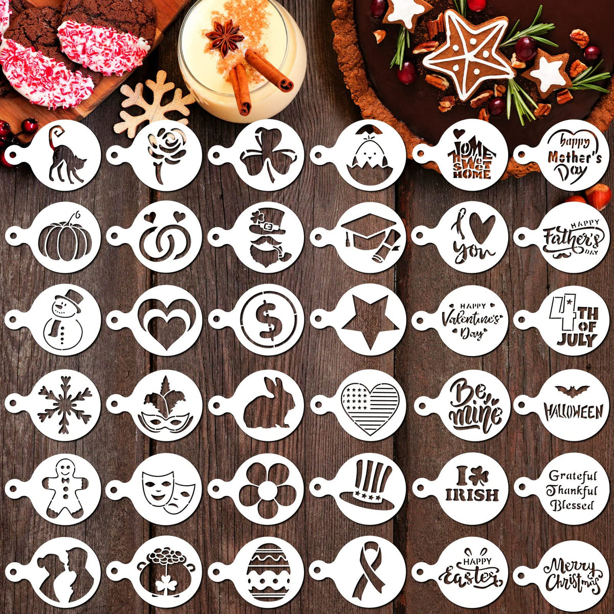 36 Pcs Seasonal Cookie Stencils Set Cake Stencils Reusable Baking Stencils Diy Coffee Drawing Templates Stencils Cupcake Dessert