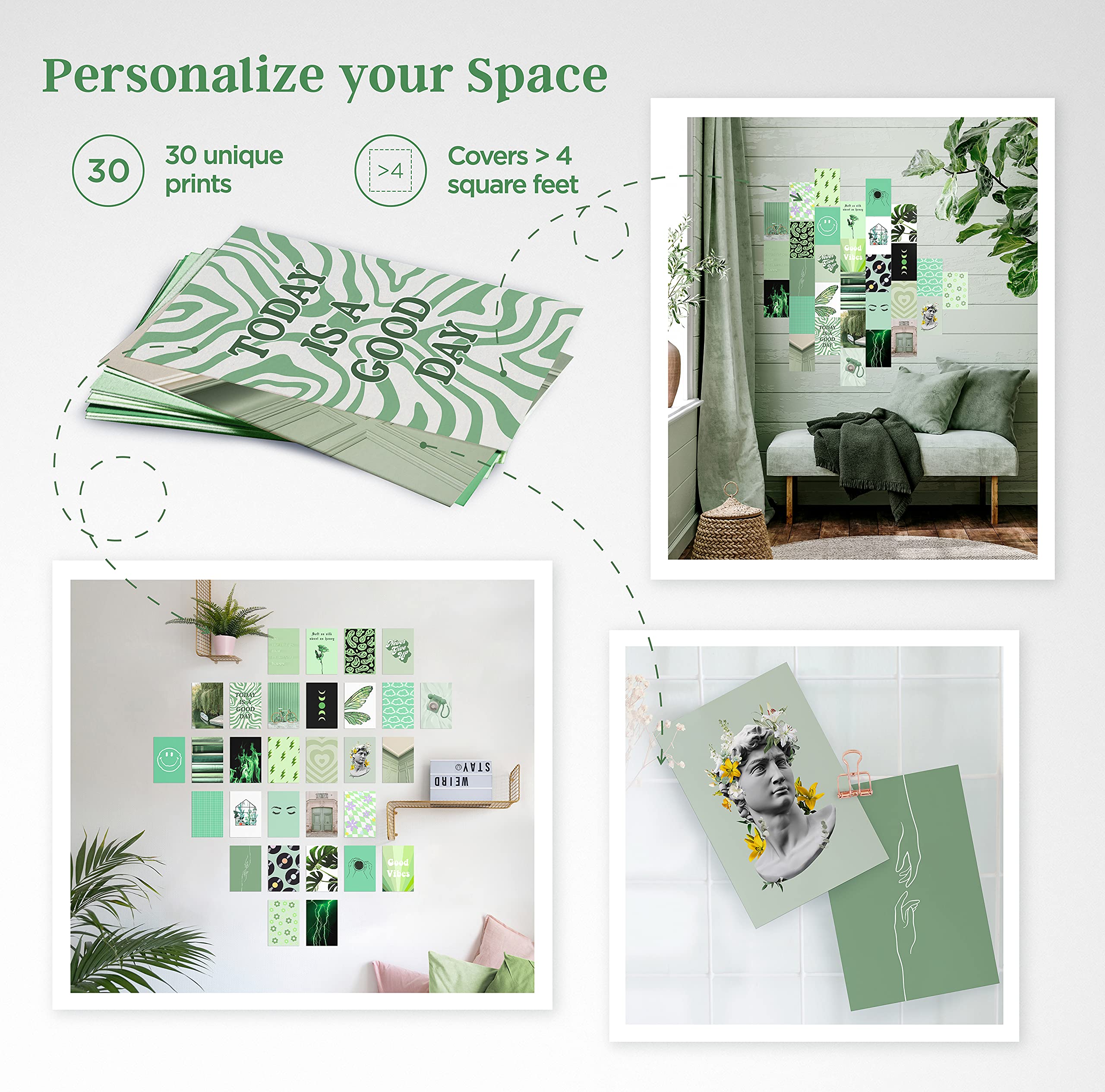 Haus And Hues Sage Green Wall Decor - Set Of 30 Green Wall Art Aesthetic Posters For Wall Collage Sage Green Decor Aesthetic Gre