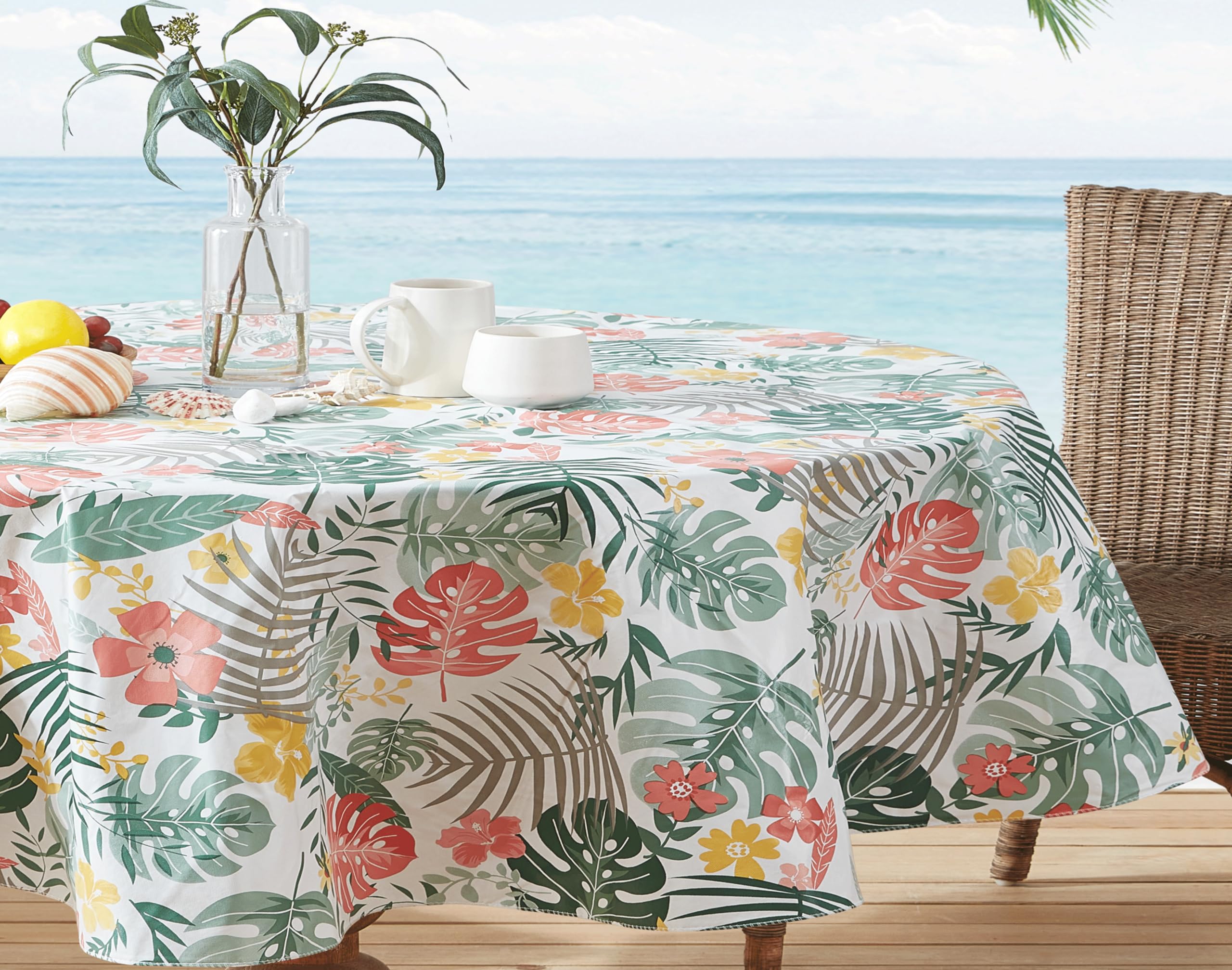 Newbridge Oval Flannel Back Vinyl Tablecloth, 60 X 84 Inch, Palm Springs Tropical, Indoor/Outdoor Waterproof Vinyl Table Cloth,
