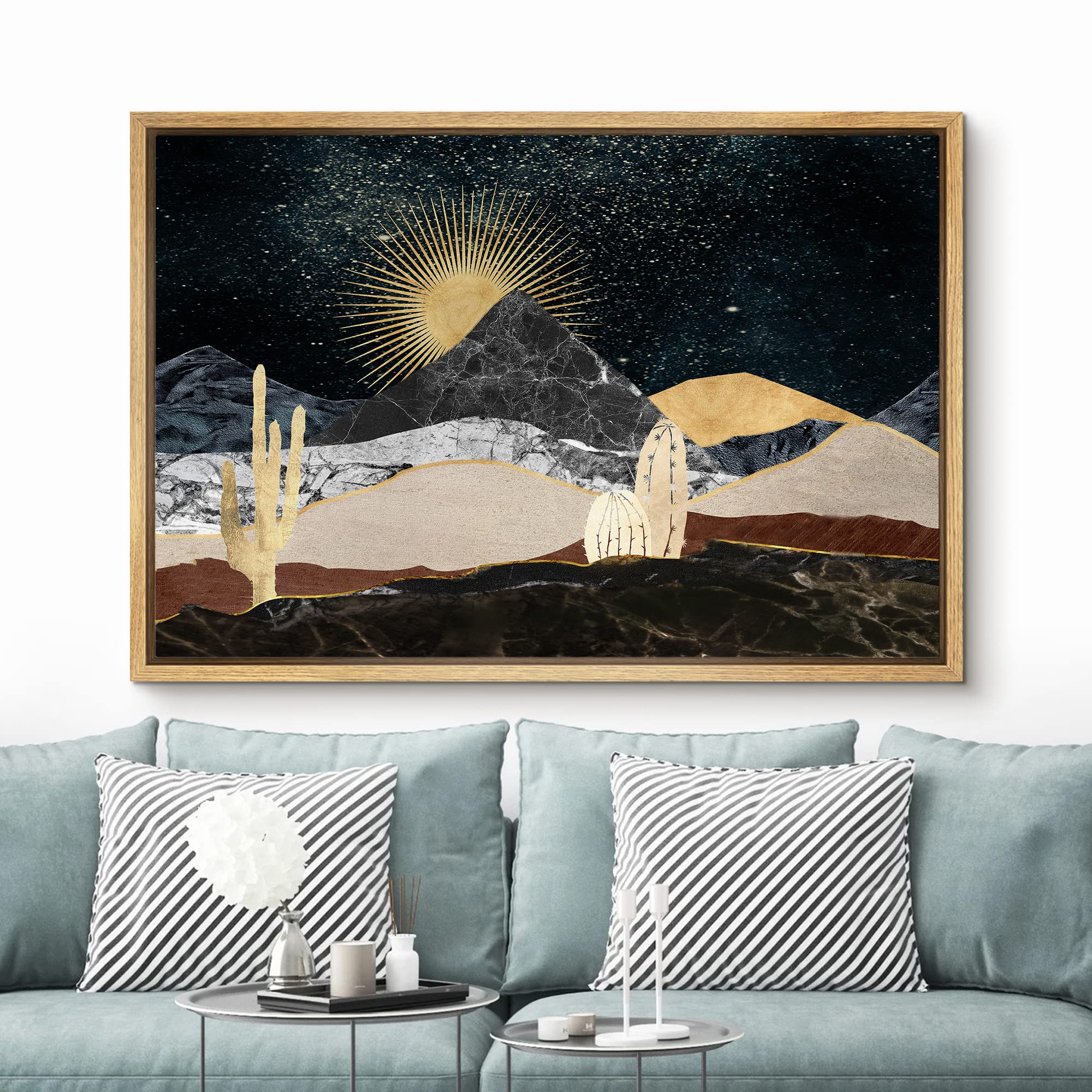 Signford Framed Canvas Print Wall Art Set Golden Marble Mountain Sun Range Nature Wilderness Illustrations Modern Art Farmhouse/