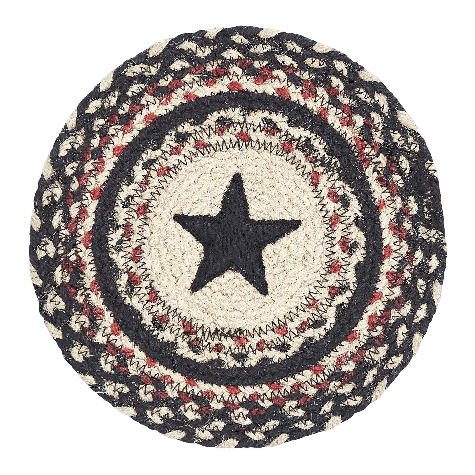 Vhc Brands Colonial Star Trivet Hot Pad For Pots Pans, Tan Black Red, Jute Blend, Round Circle, 8 Inches