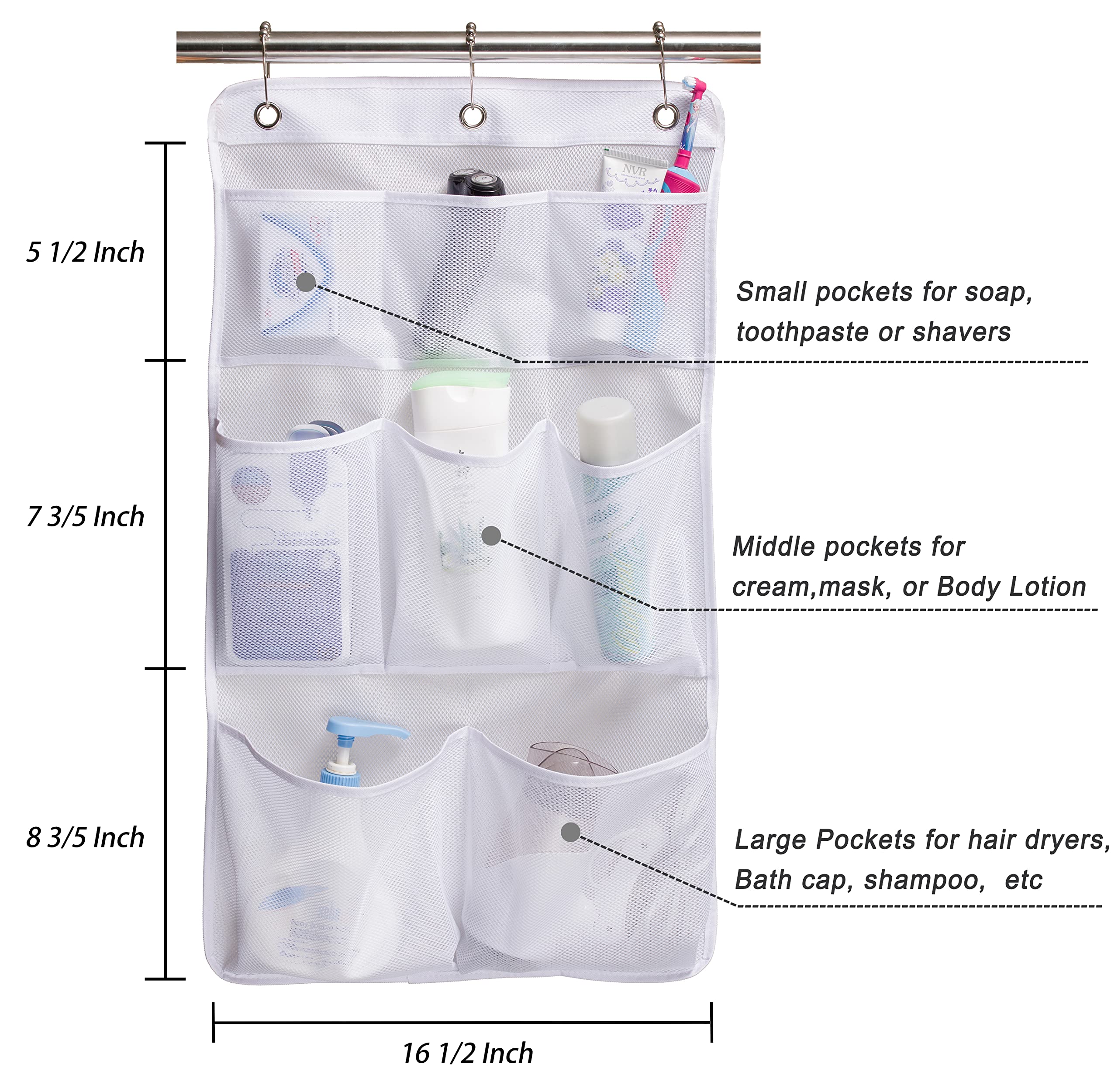 Kimbora Mesh Shower Organizer Hanging Bathroom Caddy 8 Pockets Hang Curtain Rod With 3 Rings