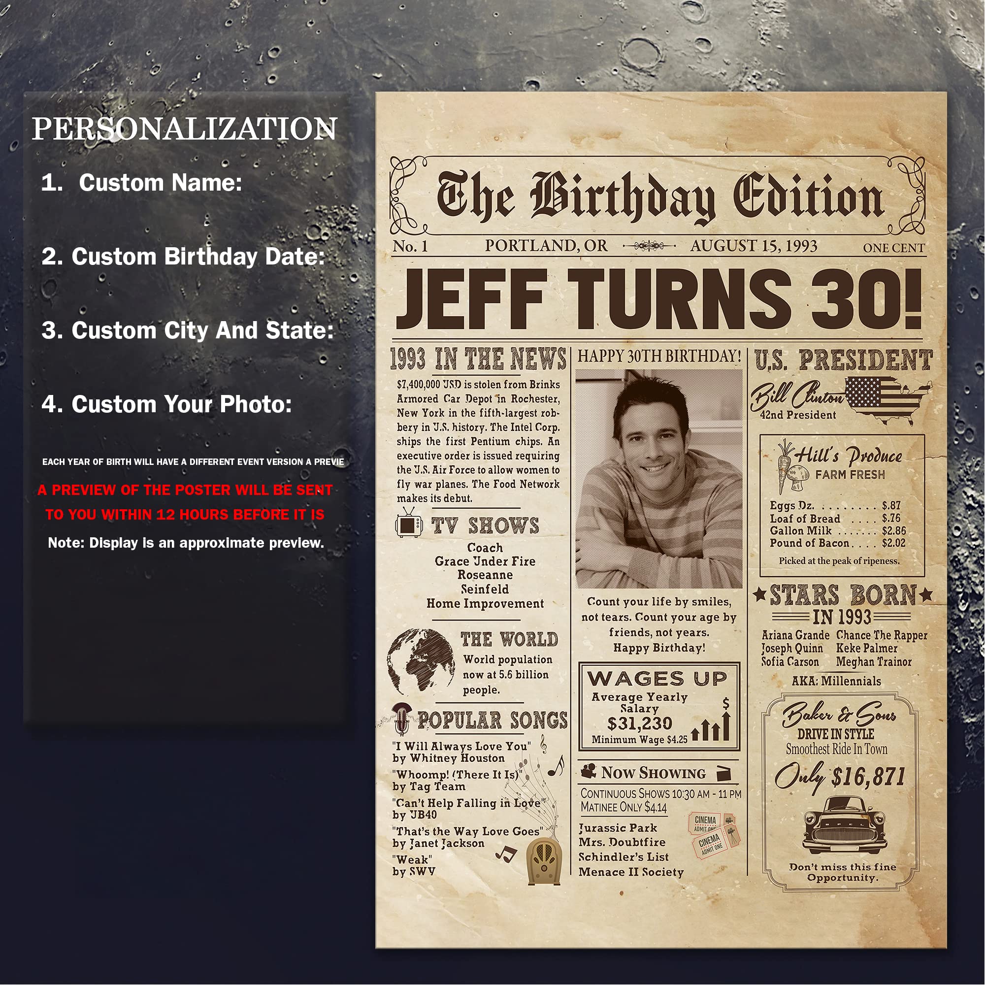 Personalized 30Th Birthday Newspaper Poster No Frame, Canvas Back In 1993 Gifts Idea Birthday, Anniversary, Custom Photo Birthda