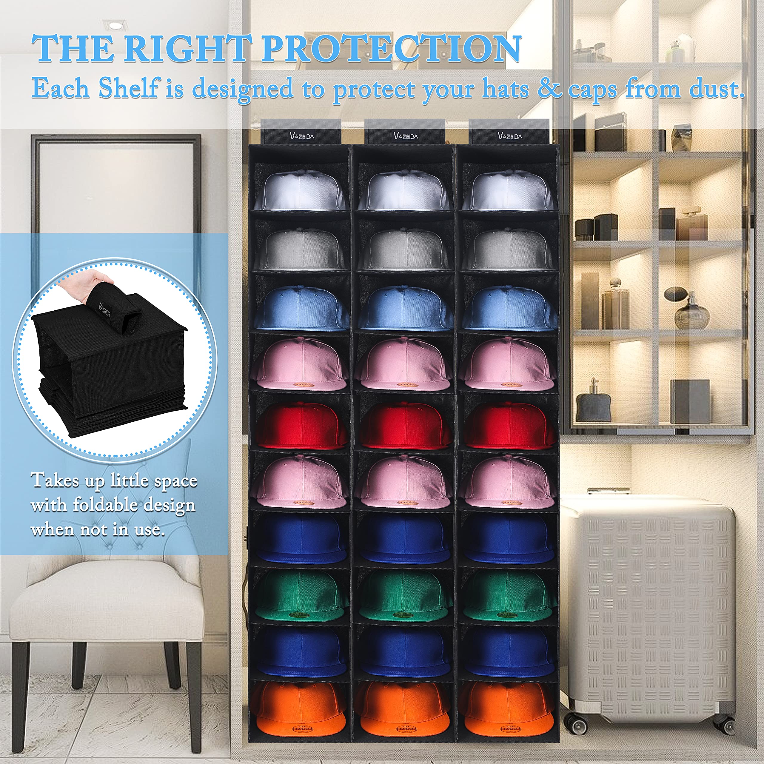 VAESIDA Hat Rack for Closet  10 Shelf Hanging Hat Organizer for Baseball Caps Storage  Hat Holder Organizer for Hat Display  Best Space Saving Hat Racks for Baseball Cap Organizer  Black