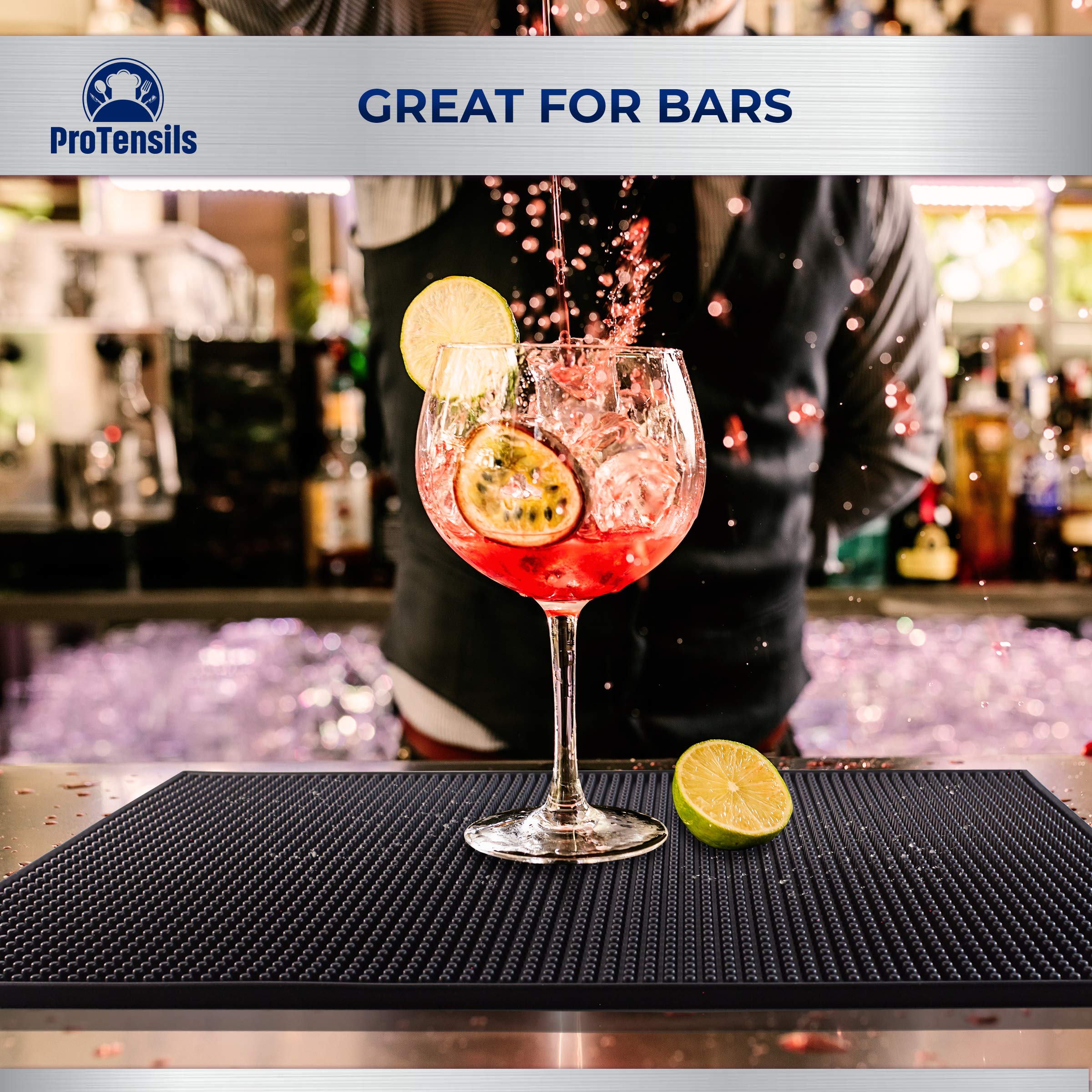 Rubber Bar Mat by ProTensils  18'' x 12''  Black Bar Mats  Bar Service Mat  Black Coffee Bar Mat  Spill Mat for Counter-Top (2 Pieces)