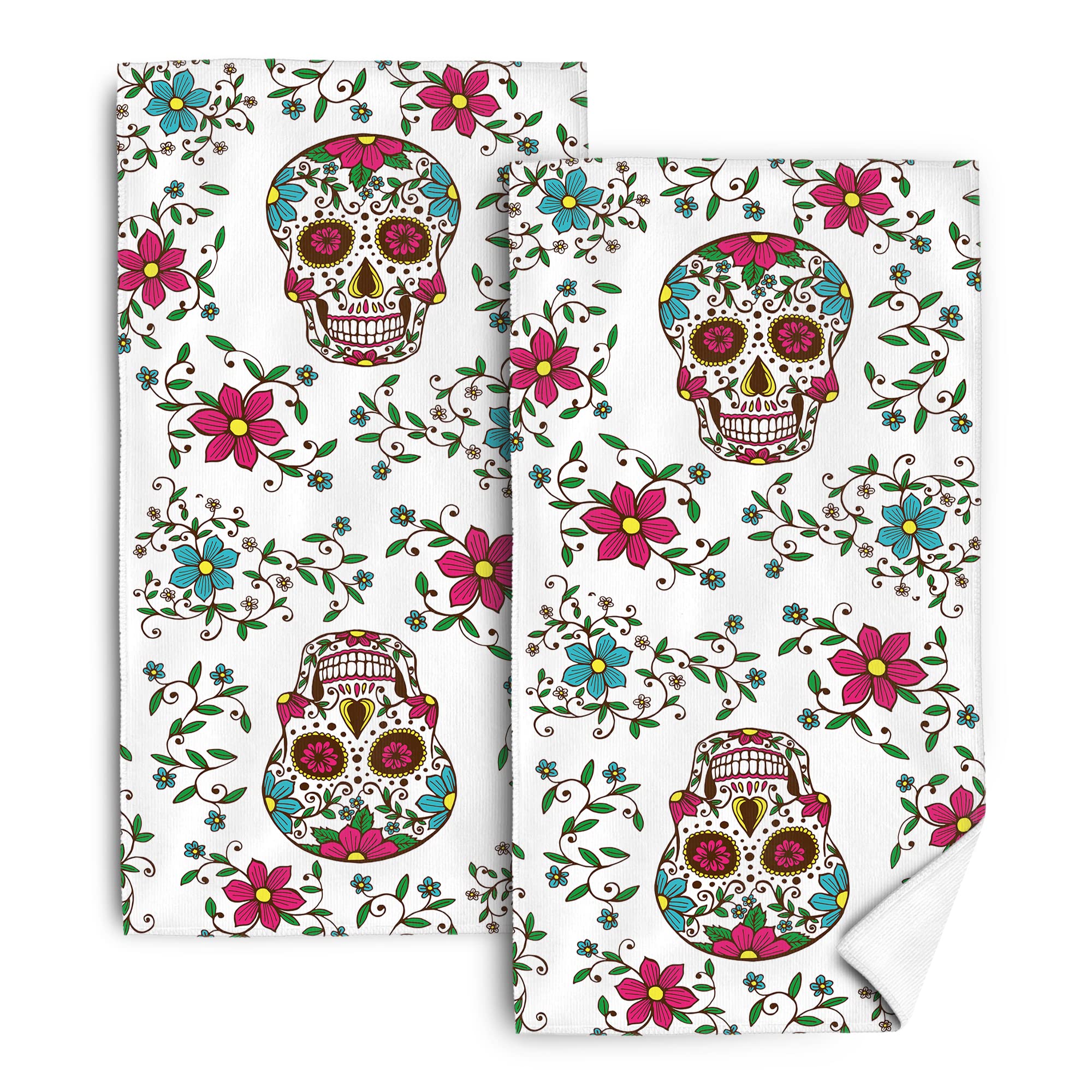 Mexican Skull Cute Floral Kitchen Dish Towels Set Of 2, 16''X 24'' Cotton Absorbent Drying Cloth, Day Of The Dead Kitchen Towels