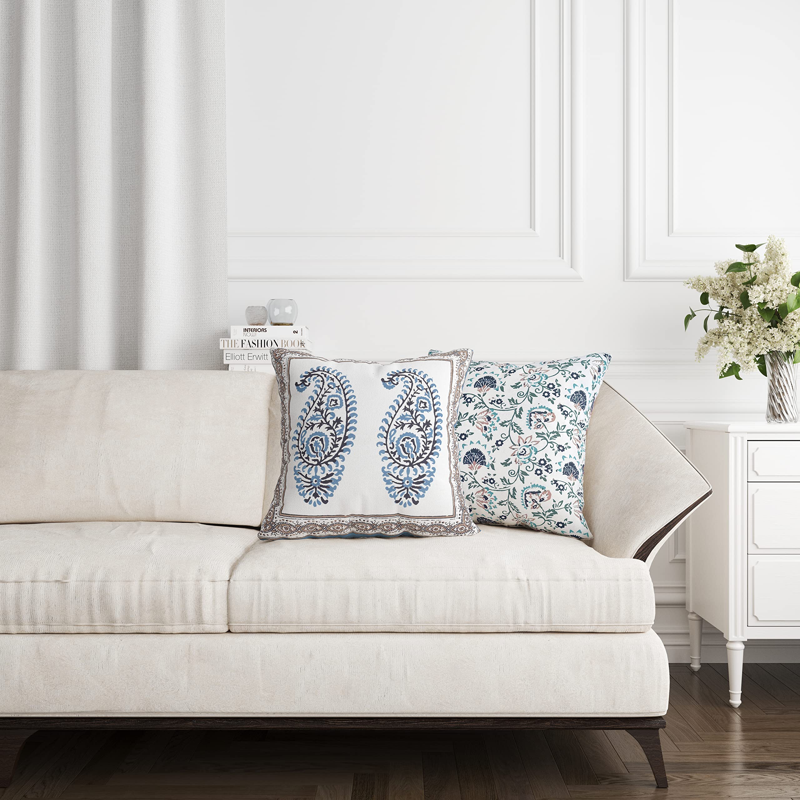 Blocks Of India Hand Block Printed Cotton 250 Tc Cushion Cover (16 X 16 Inches) (2, Grey Flower)