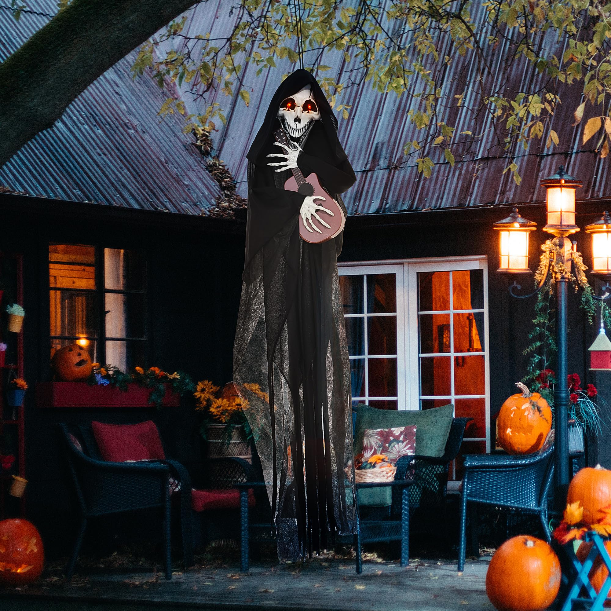 HOMCOM 4.3  Outdoor Halloween Decoration Animatronic Guitar-Playing Grim Reaper, Sound and Motion Activated Animated Prop with L