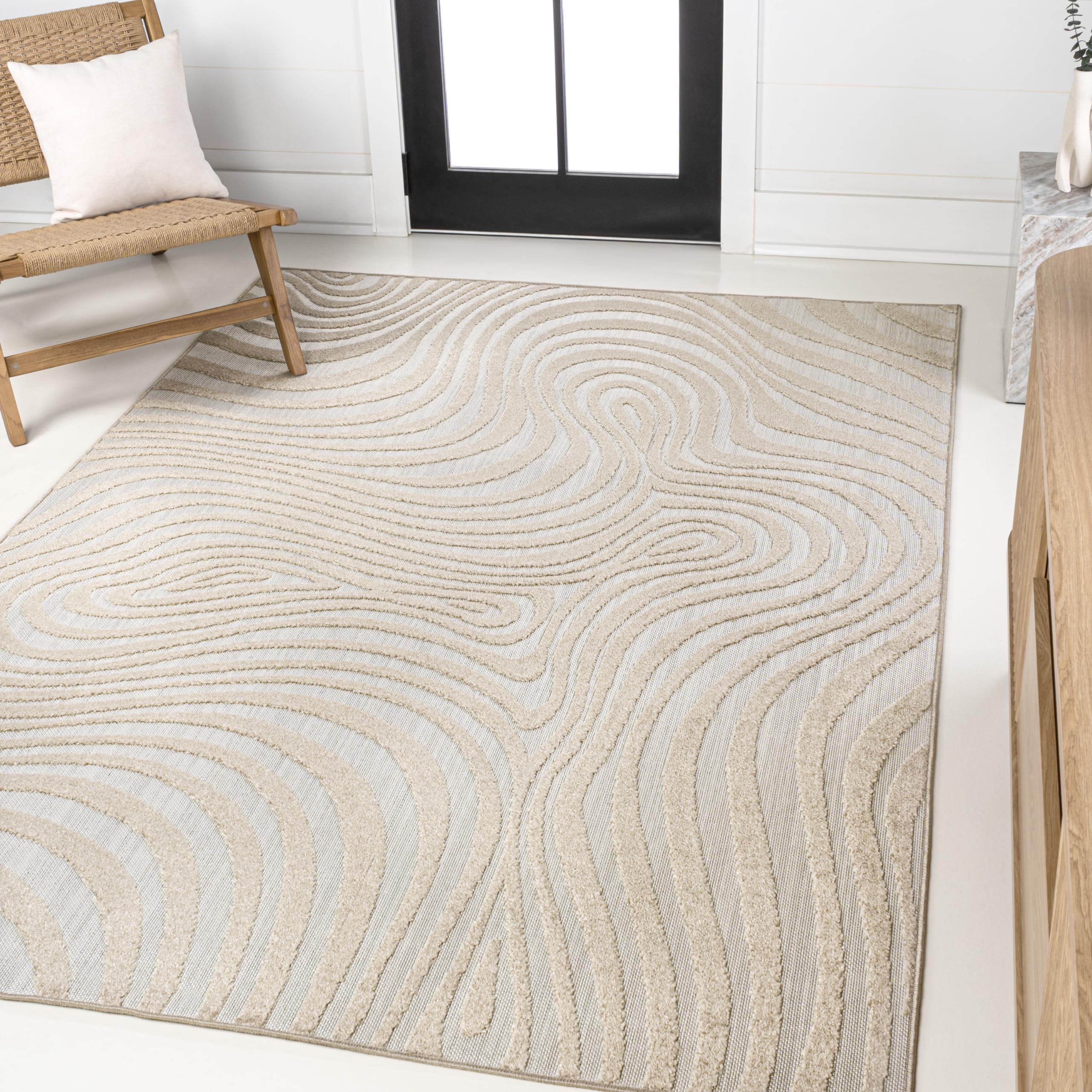 JONATHAN Y SCN103D-3 Maribo High-Low Abstract Groovy Striped Beige/Cream 3 ft. x 5 ft. Indoor/Outdoor Area Rug for Patio, Backya