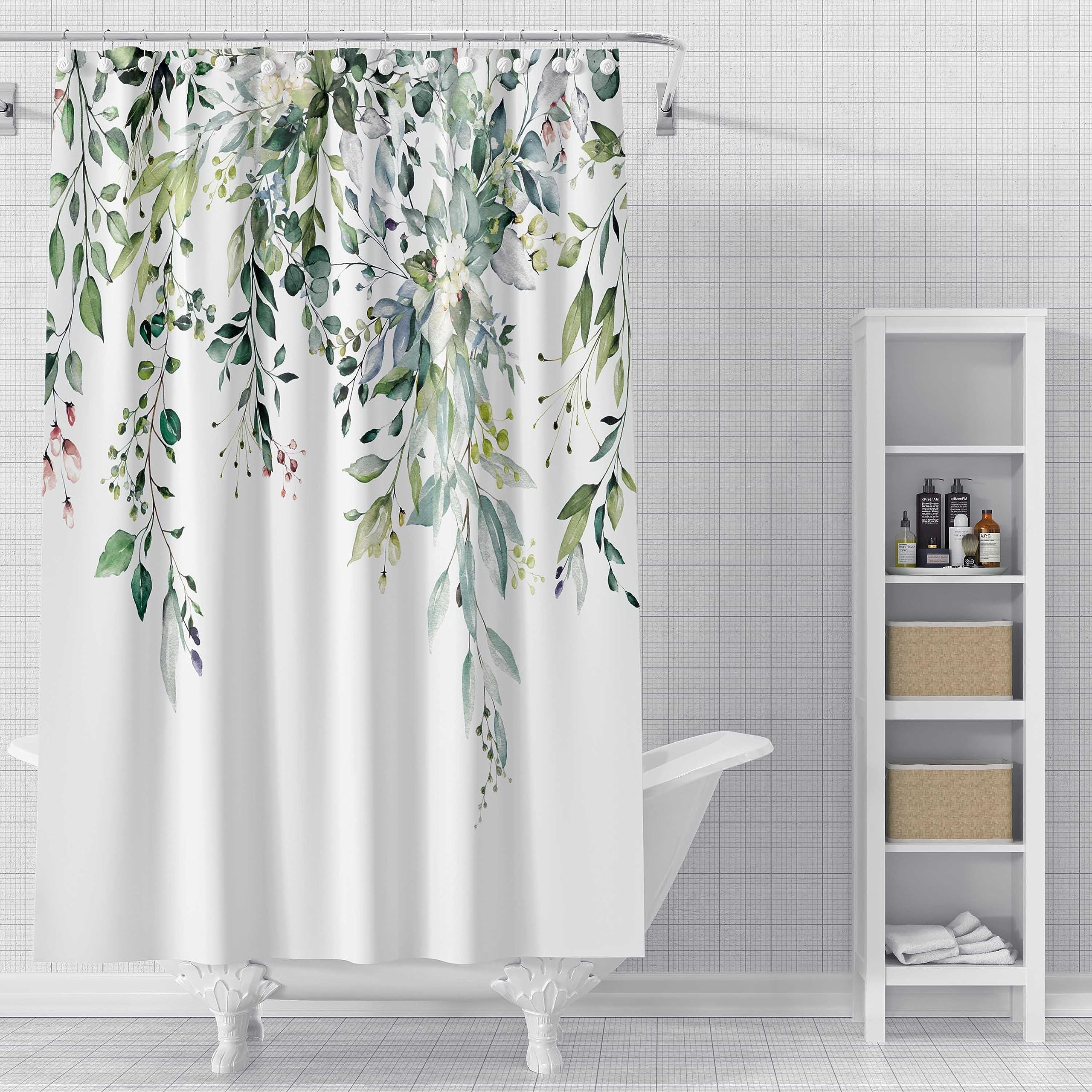 Bivinar Green Eucalyptus Leaves Shower Curtain, Watercolor Plant Floral Bathroom Shower Curtain, Fabric Waterproof Botanical Sho