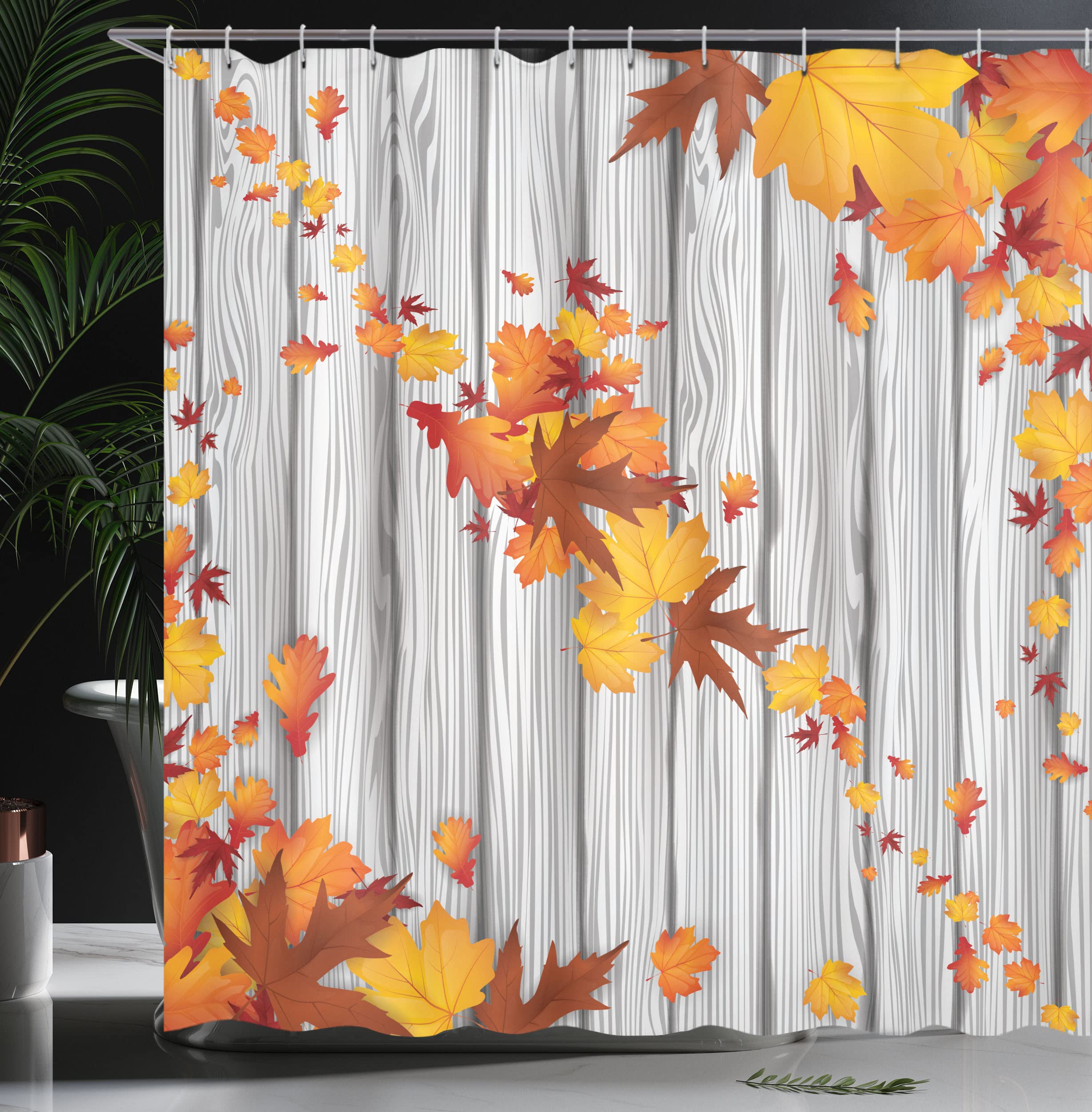 Ambesonne Autumn Shower Curtain, Fall Season Art Theme Maple Tree And Diagonal Leaves Foliage Rustic Wooden Planks Drawing, Clot