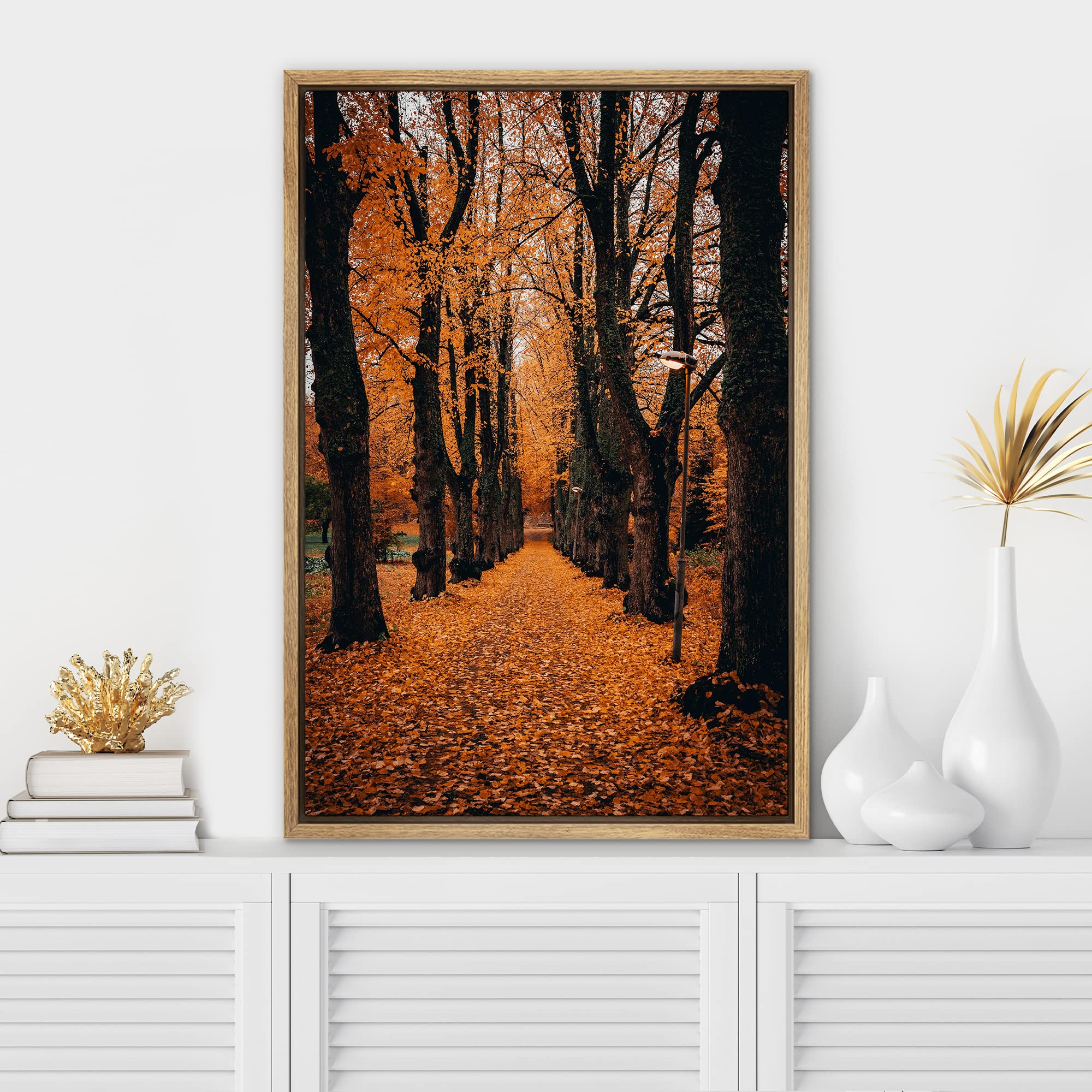 Signwin Framed Canvas Wall Art Orange Autumn Garden Path Nature Forest Realism Rustic Scenic Dramatic Multicolor Cool For Living