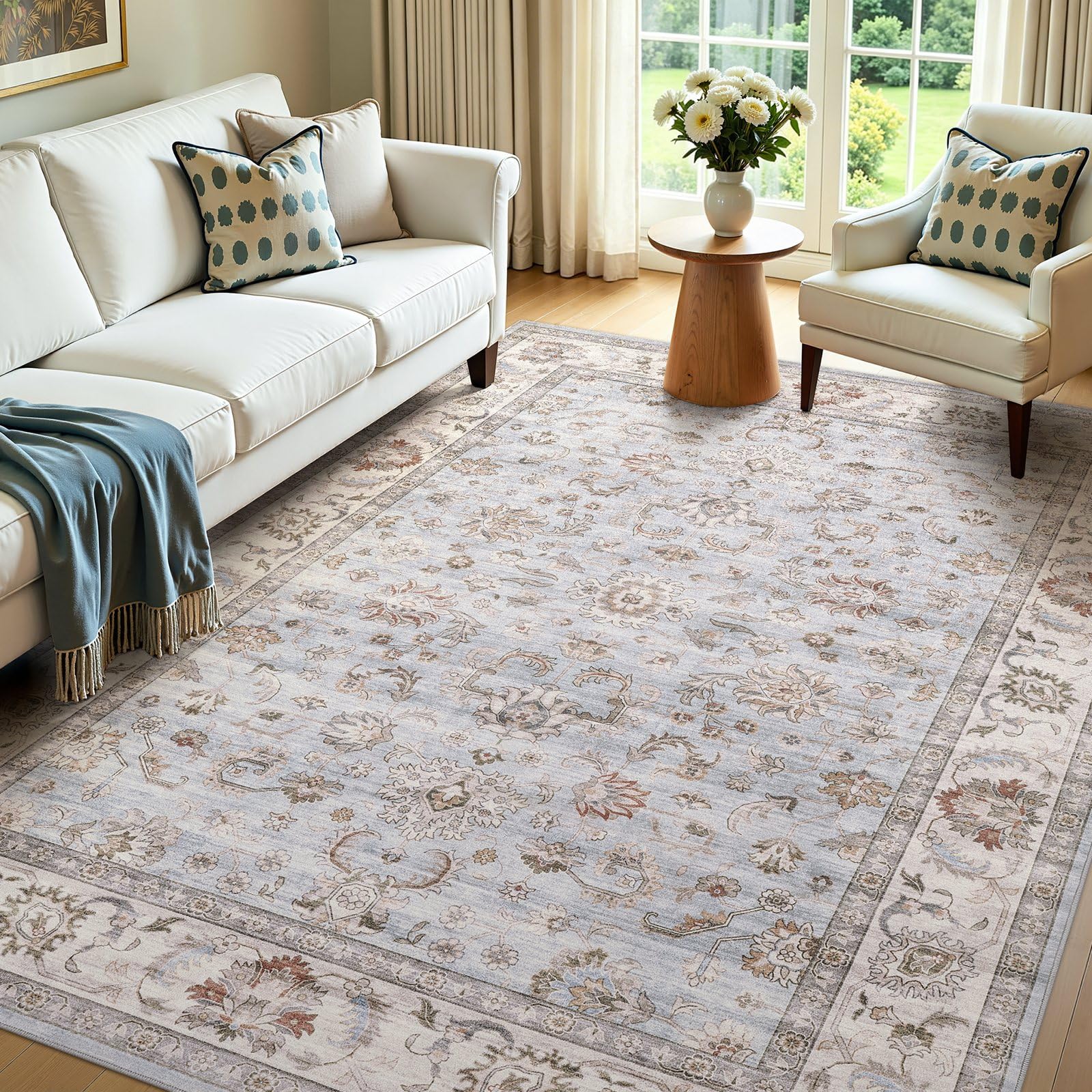 WITSHOCK 7x9 Area Rugs for Living Room: Machine Washable Non Slip Vintage Carpet - Low Pile Lightweight Print Rug for Bedroom Di