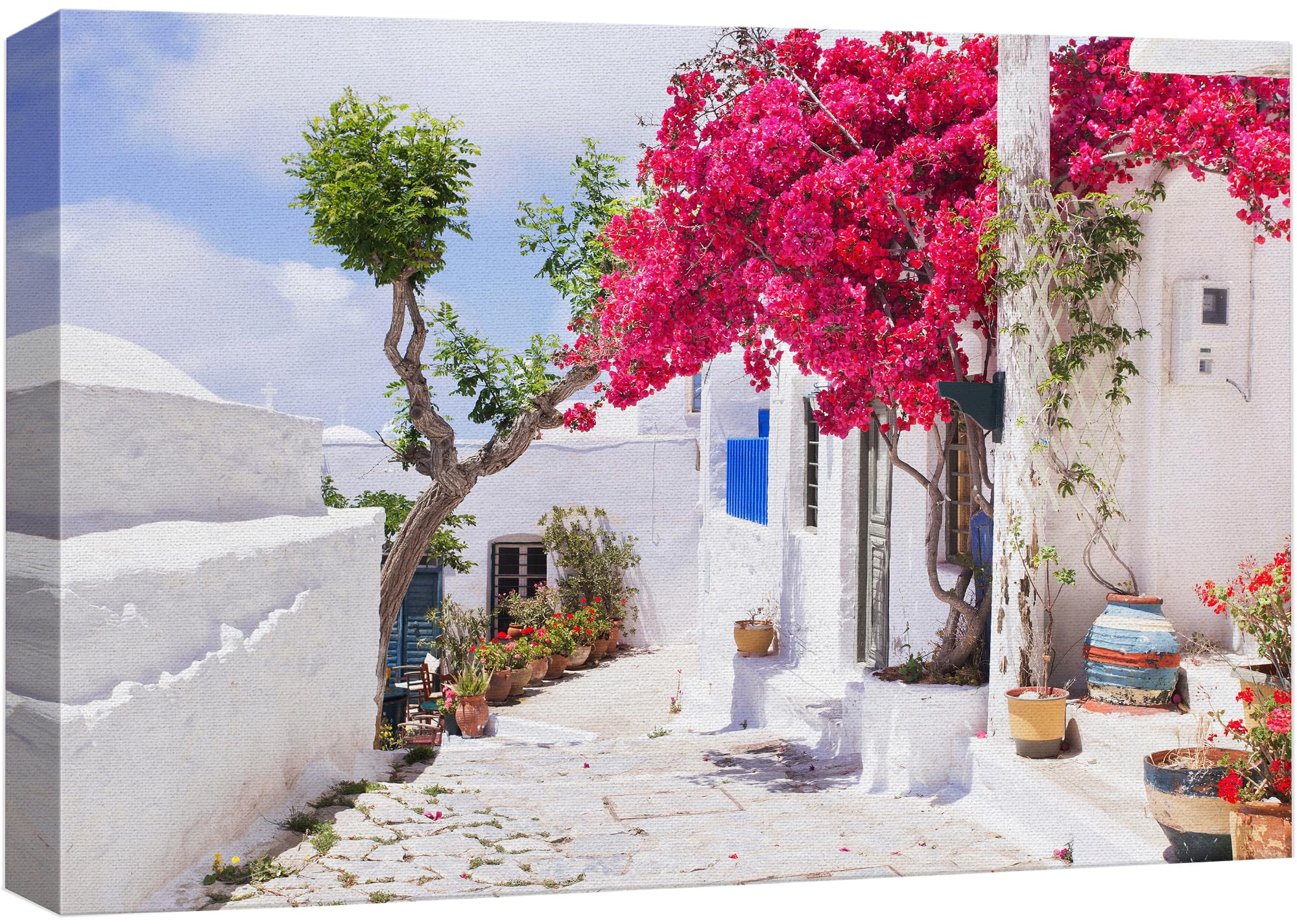 Wall26 Canvas Print Wall Art Santorini Greece Pink Flowers Nature Wilderness Photography Realism Landscape Scenic Bohemian Rusti