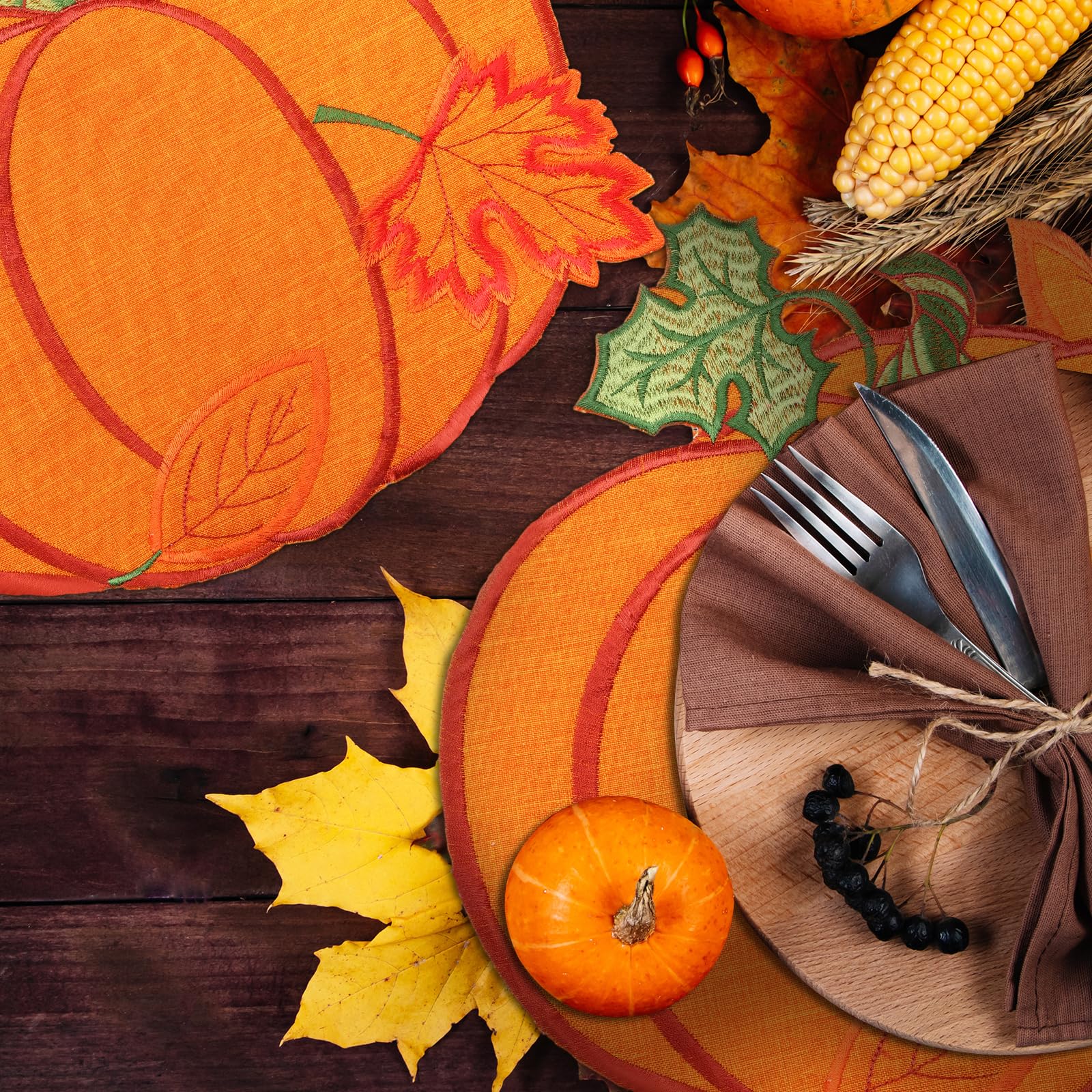 Yingzhao 6 Pcs Fall Pumpkin Placemats Autumn Thanksgiving Harvest Orange Table Placemats Embroidered 14 Round Decorative Place