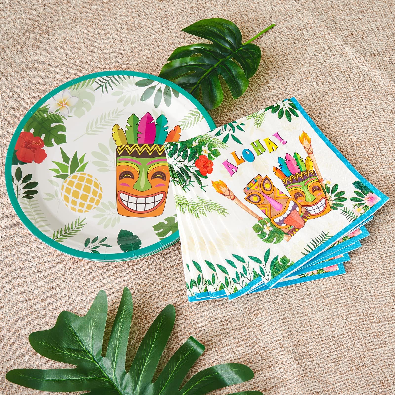 Wernnsai Aloha Luau Plates And Napkins - Serves 50 Gusets 100Pcs Hawaiian Tropical Tiki Party Supplies Disposable Tableware Set