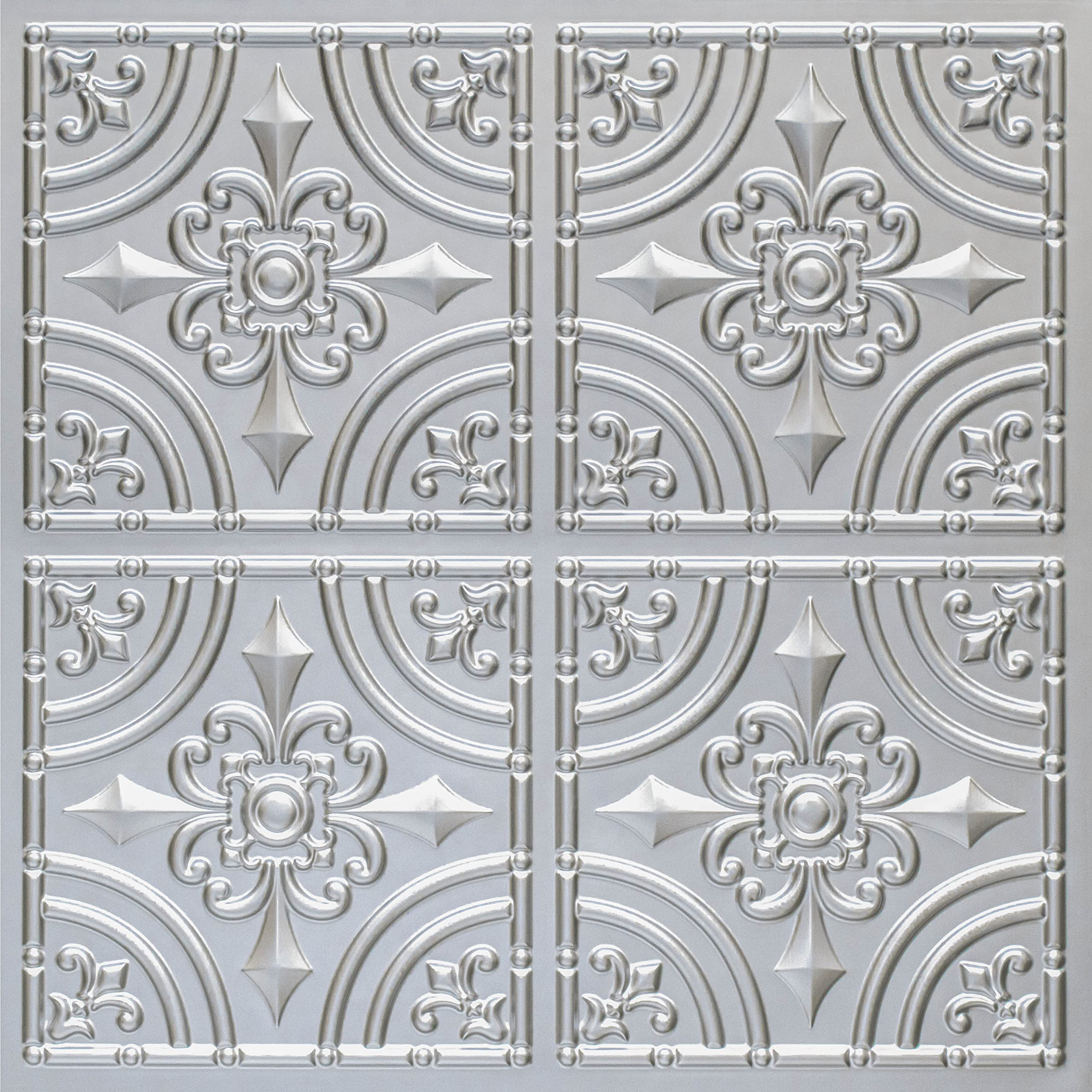 Decorative PVC Faux Tin Ceiling Tiles (Glue UP), 24x24,2'x2', Pack of 6, 24 sq.ft. - D205 (Silver)