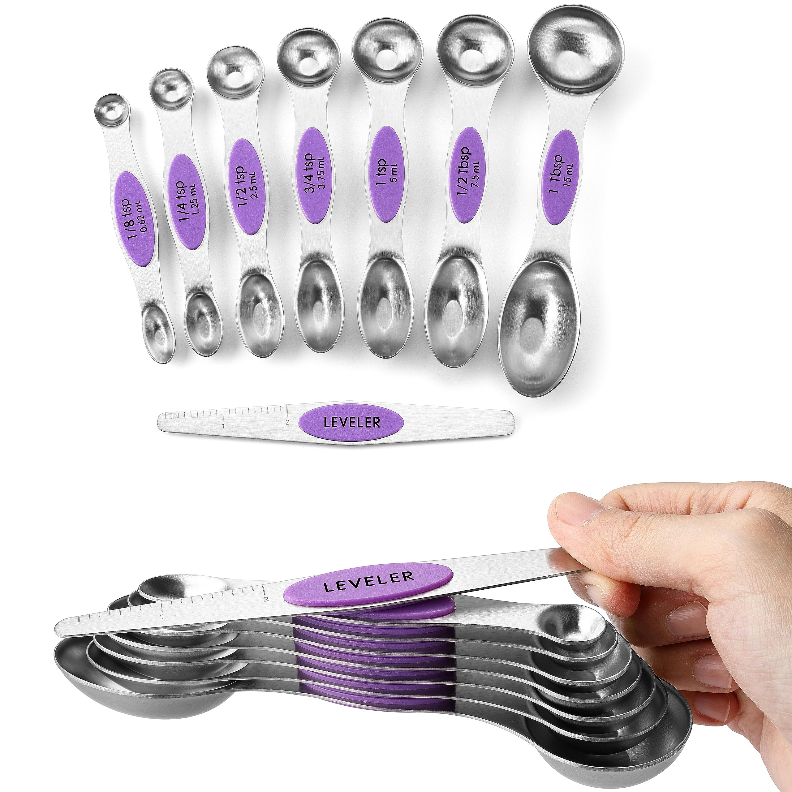 Spring Chef Magnetic Measuring Spoons Set, Dual Sided, Stainless Steel, Fits In Spice Jars, Orchid, Set Of 8, 2 Pack