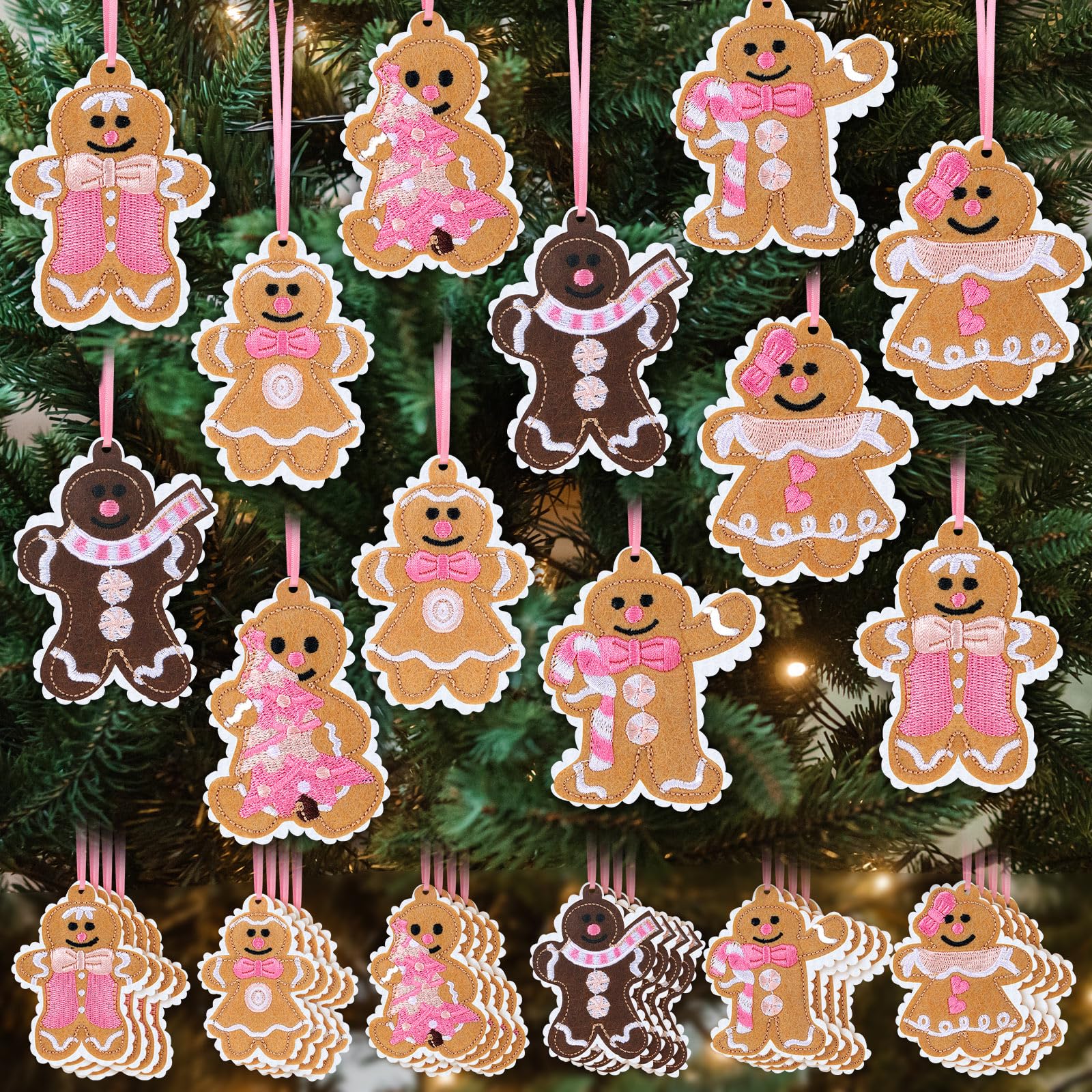 Civaner 24 Pcs Pink Gingerbread Christmas Embroidery Ornaments Felt Embroidery Rustic Christmas Hanging Ornaments Pendants for X
