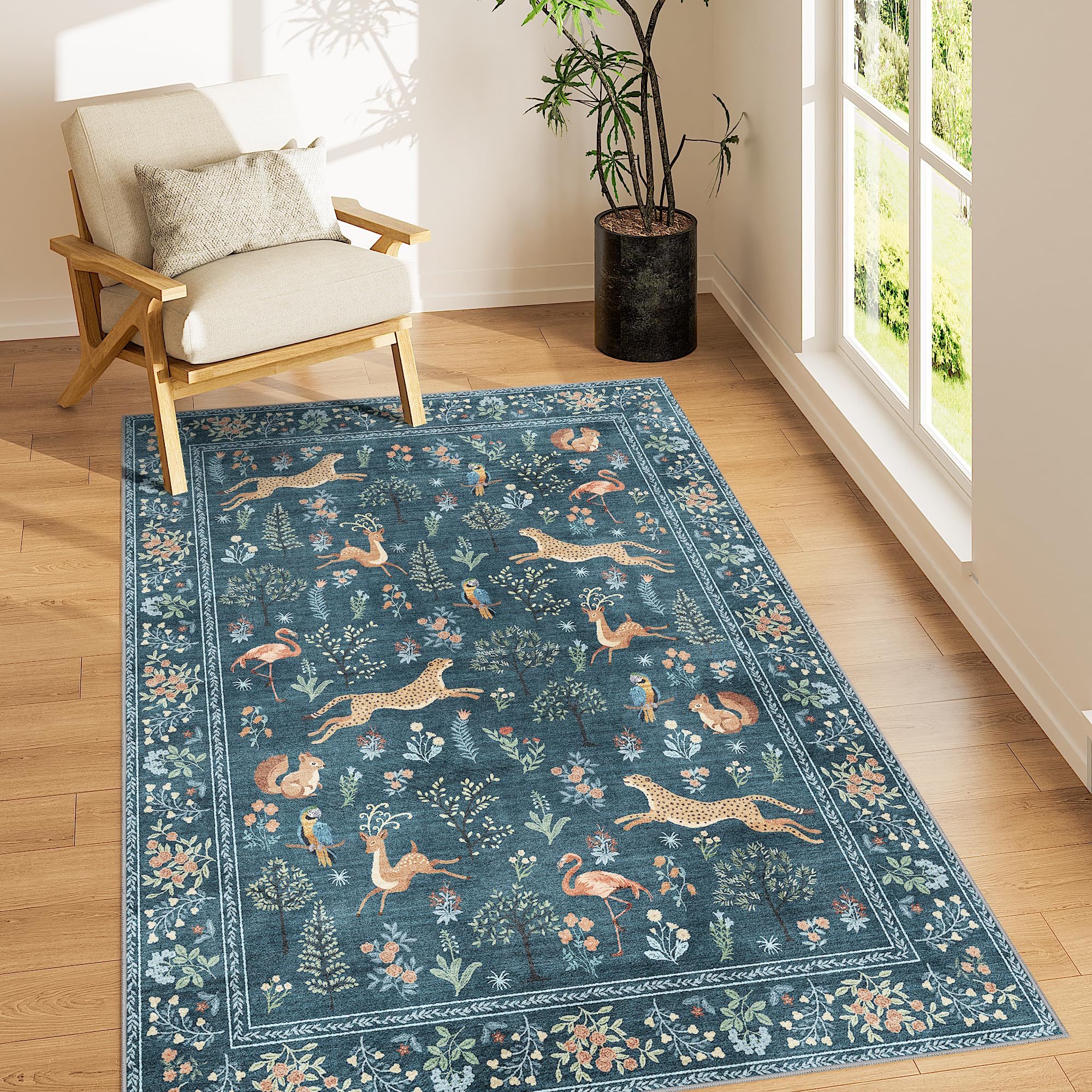 DUKINO 4x6 Rug, Washable Animal Area Rug with Non Slip Vintage Design, Indoor Soft Low Pile Carpet for Bedroom, Nursery, Dining 