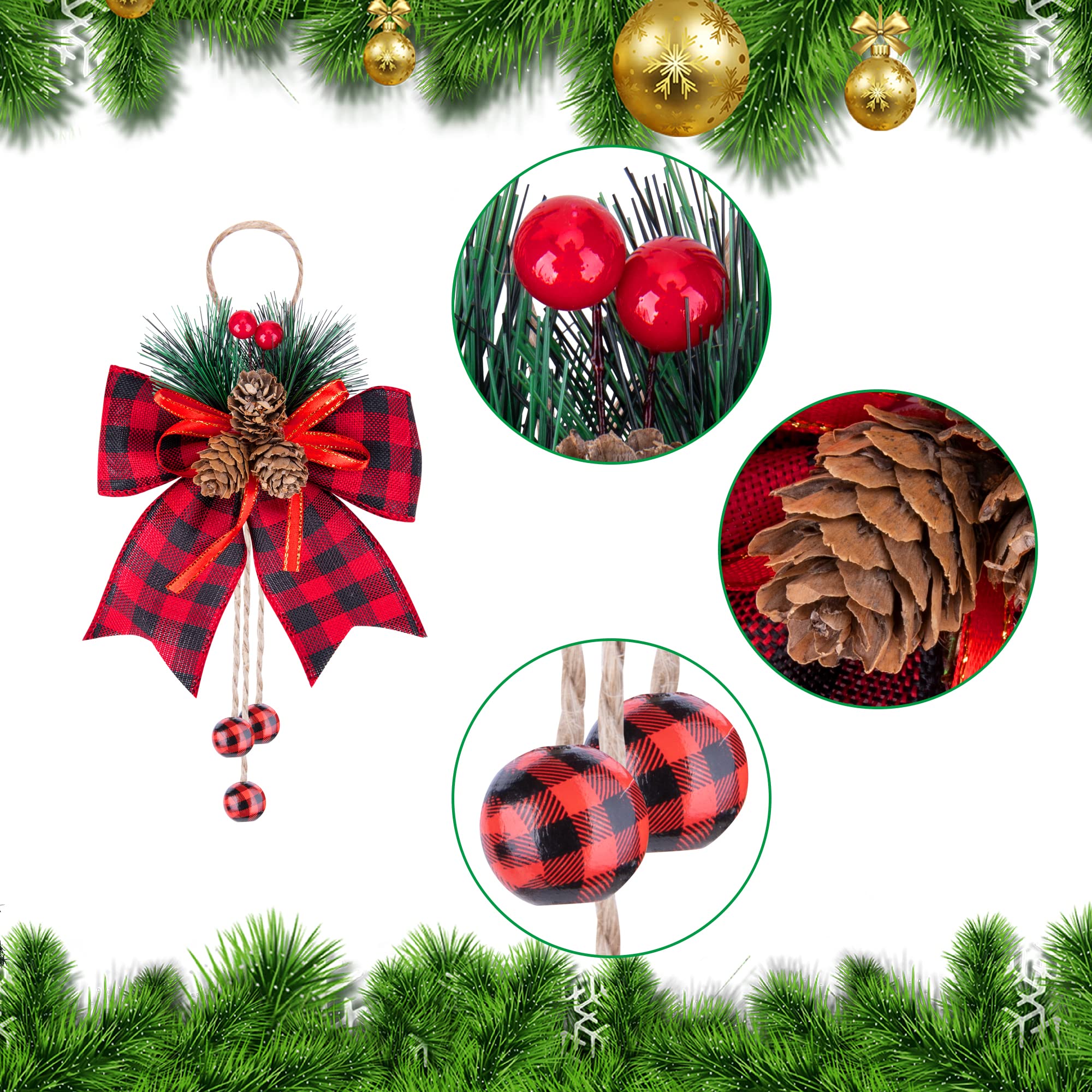 6 Pcs Christmas Burlap Plaid Bows with Pine Cones Pine Needles, Large Christmas Decoration Buffalo Plaid Bows, Xmas Wreath Bow B