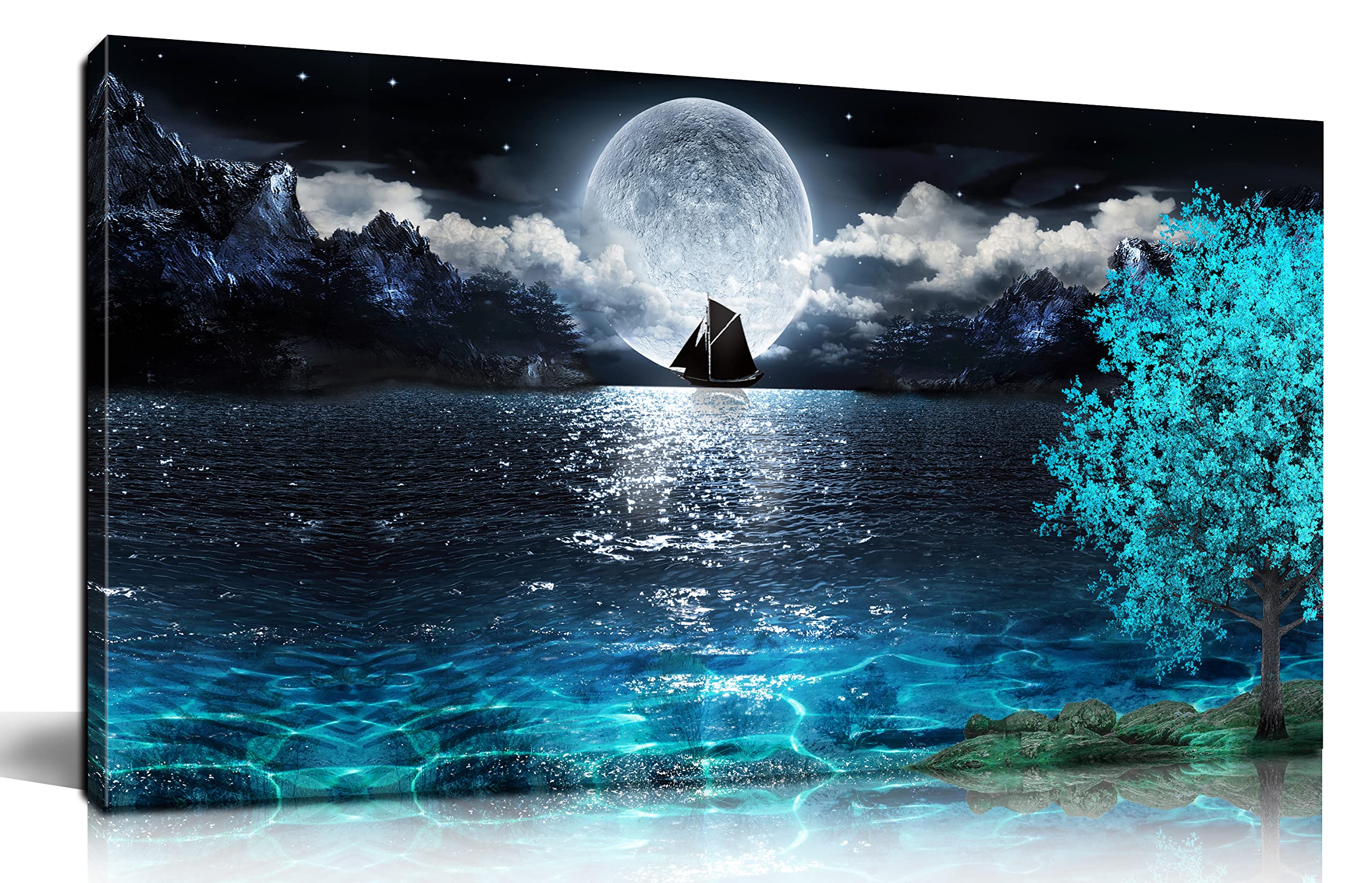 Aburaeart Moon Sea Ocean Large Canvas Wall-Art For Living Room - Blue Tree Wall Decor - Large Artwork On Canvas Print Ready To H