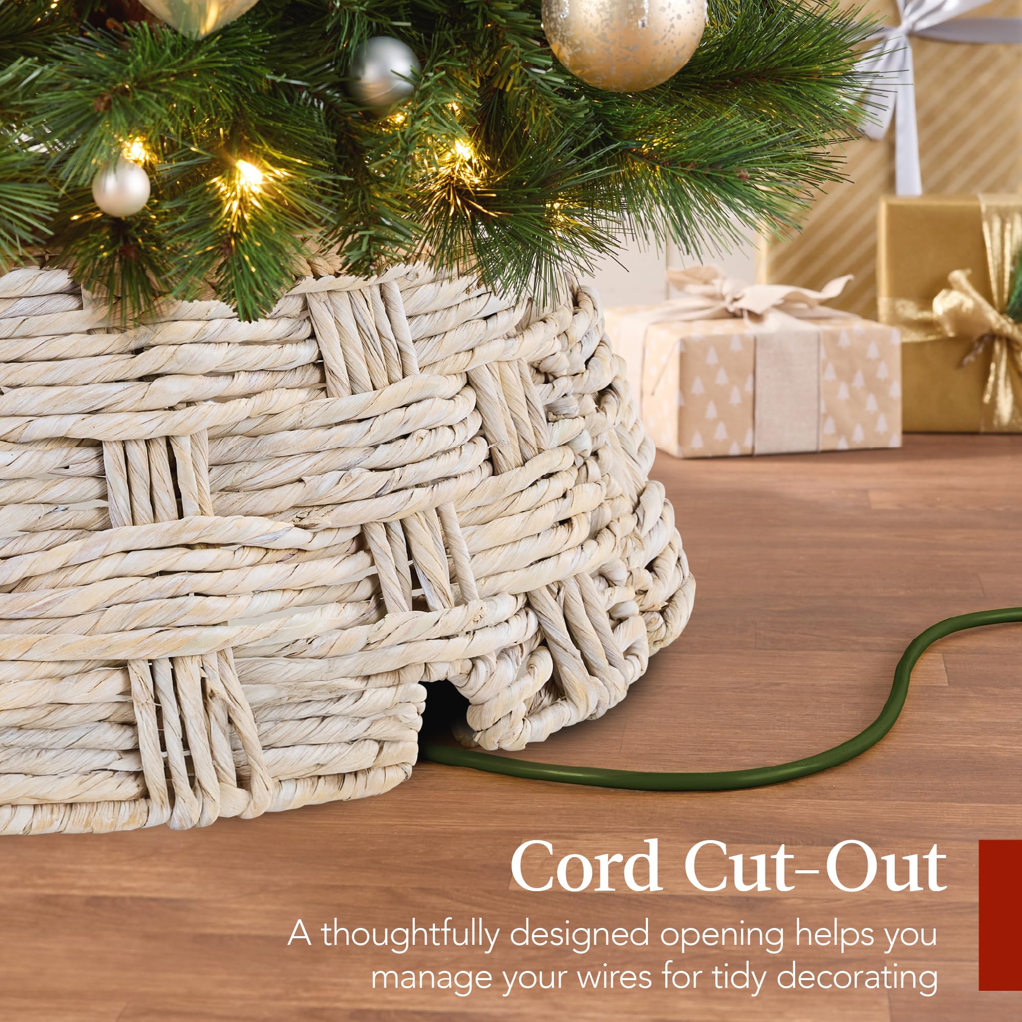 Best Choice Products 42in Christmas Tree Collar, Woven Hyacinth 3-Piece Holiday Rattan Tree Skirt Accessory for Home w/Cord Cut-