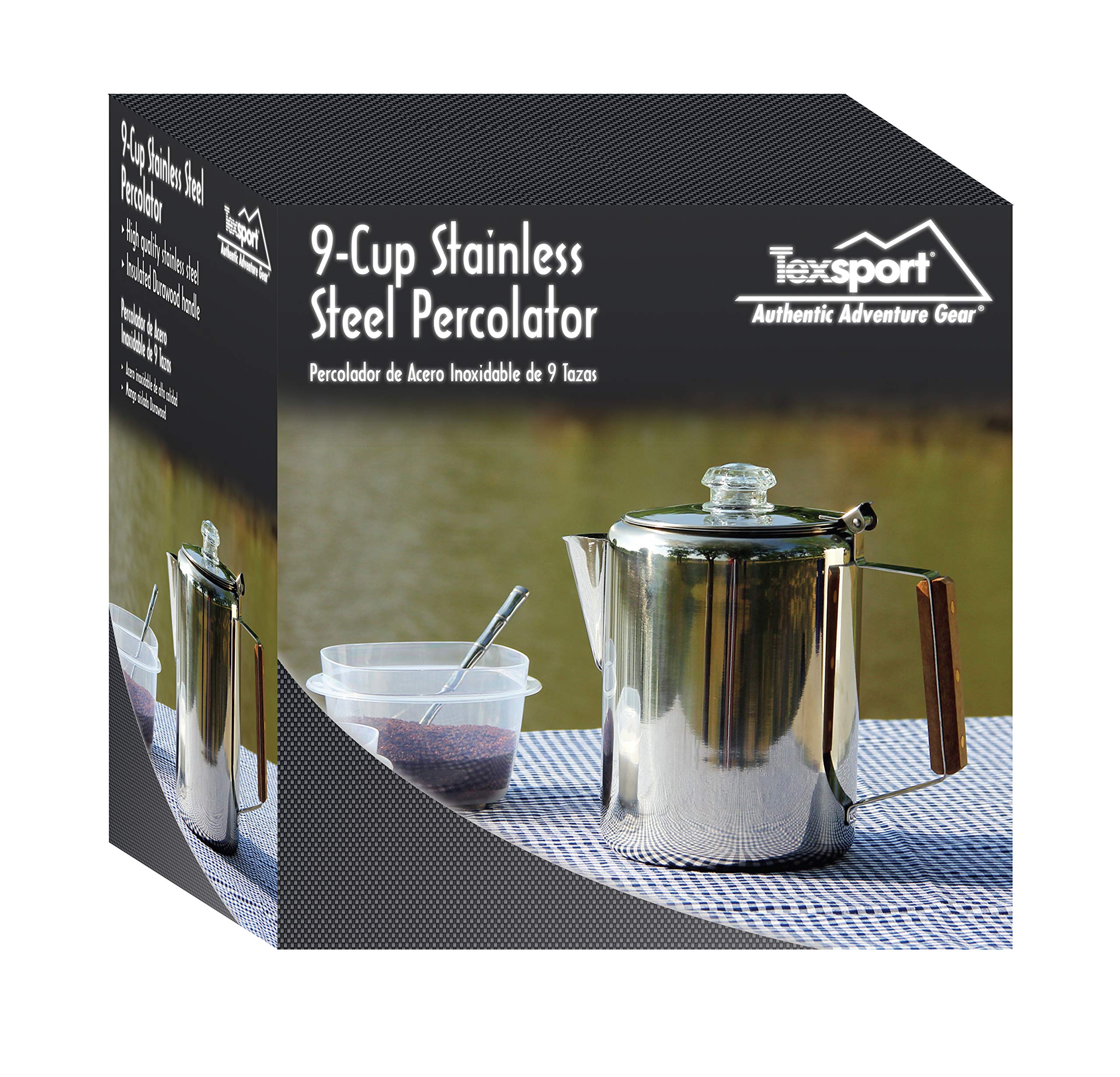 Texsport 9-Cup Stainless Steel Percolator Coffee Maker - Silver, Model 13215 for Outdoor Camping