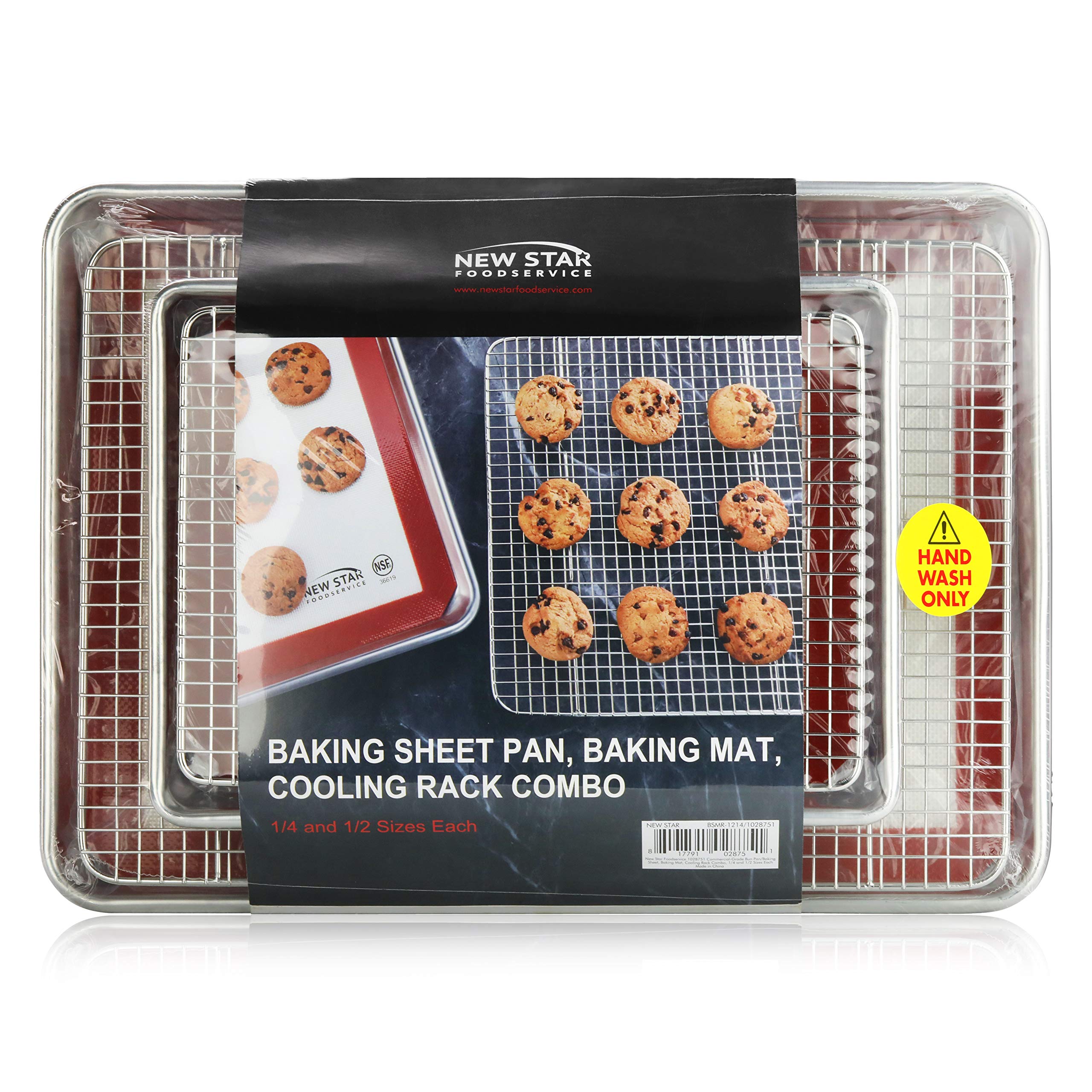 New Star Foodservice 1028751 Commercial-Grade Bun Pan/Baking Sheet, Baking Mat, Cooling Rack Combo, 1/4 And 1/2 Sizes Each