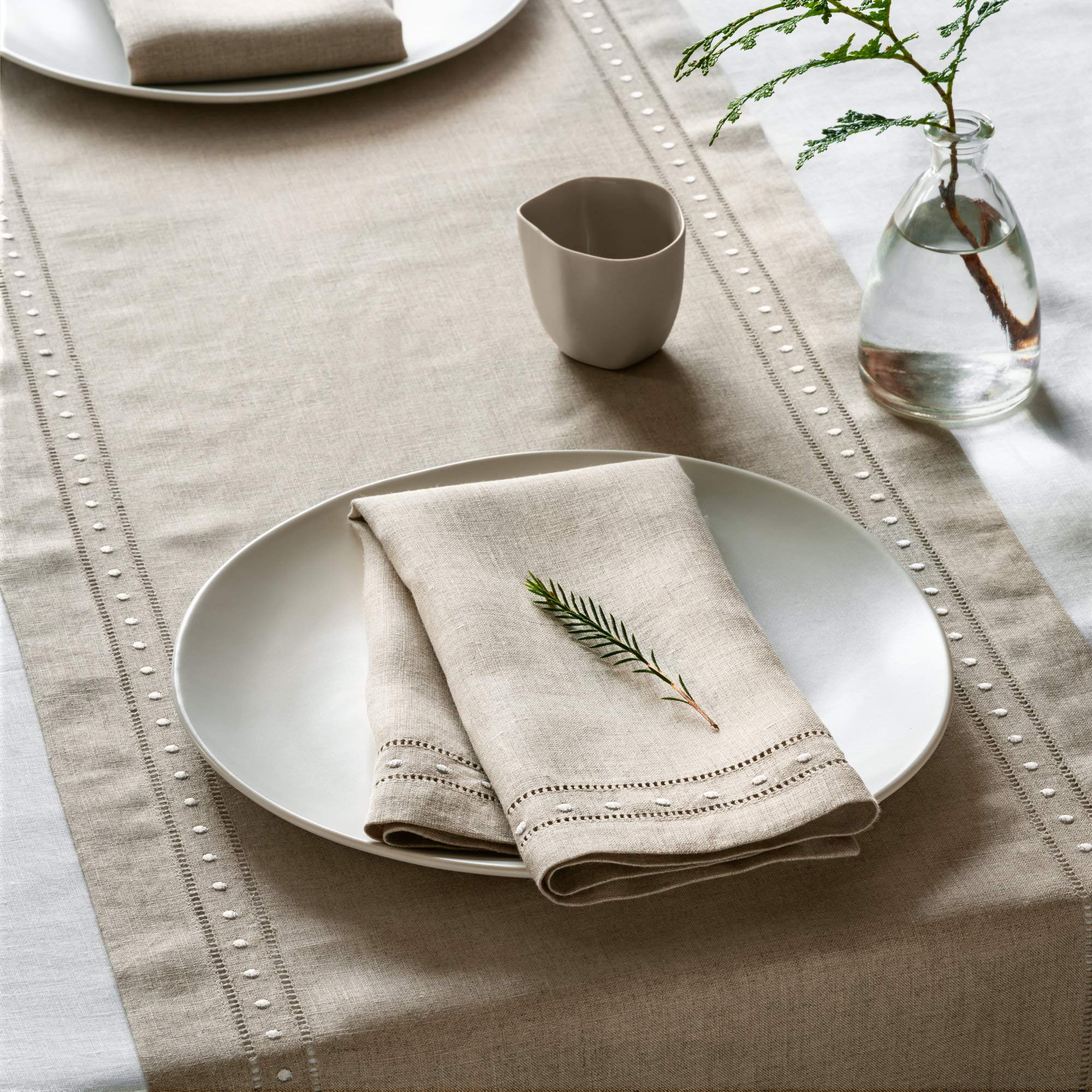 Linen Napkins Set Of 4-100% Pure Linen Natural Embroidered Dinner Napkins 18 X 18 Inch - Classic Hemstitch Cloth Napkins Washabl