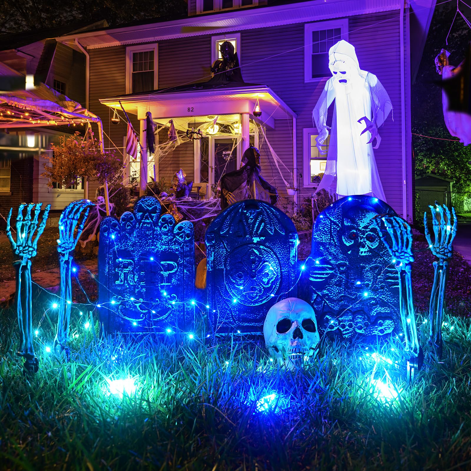 Halloween Lighted Skeleton Hands Set, 4 Pack Light Up Skeleton Arm Stakes, 4 x 3m 240 LED Green & Red Lights with 3 Modes, Reali