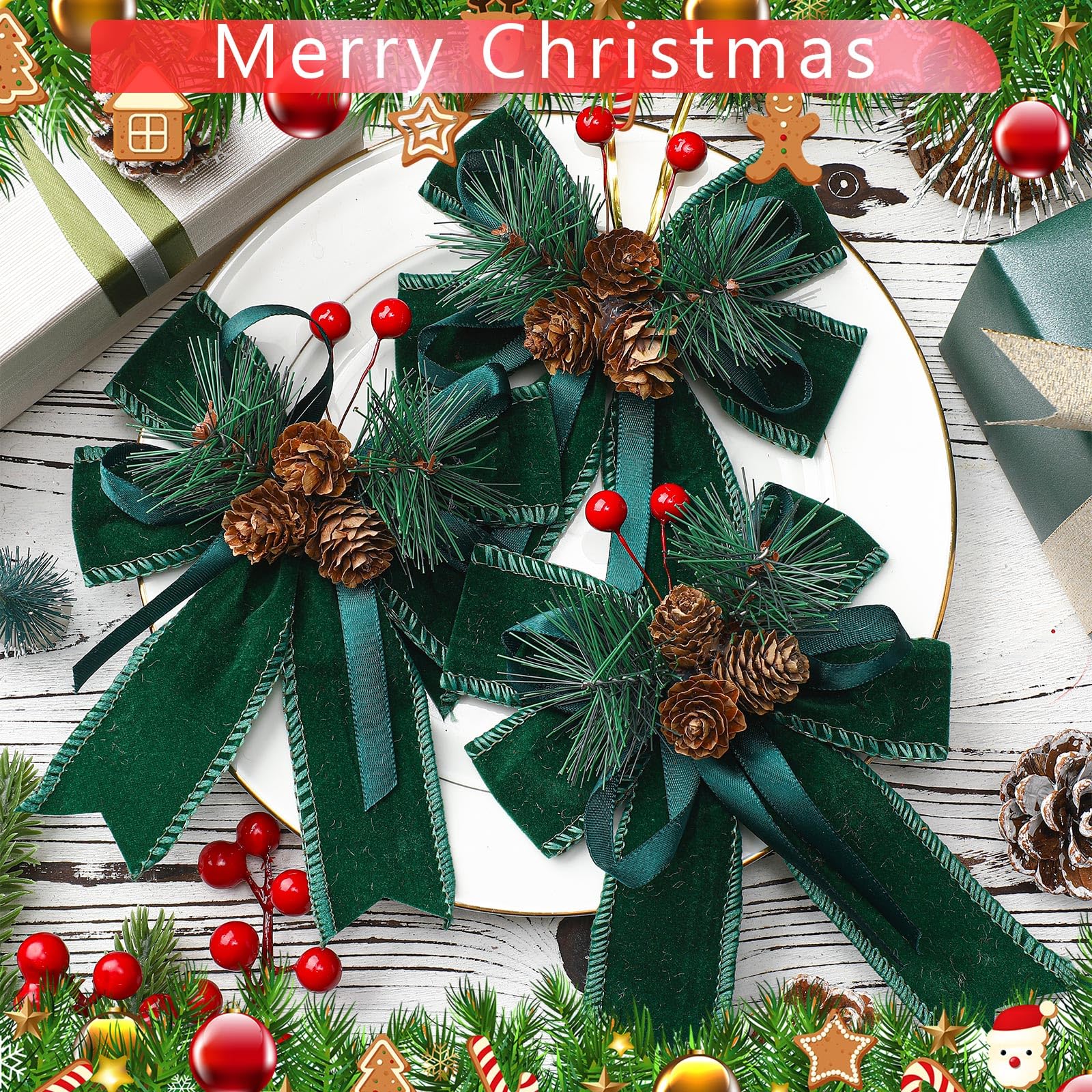 Syhood 6 Pcs Christmas Velvet Bow with Pine Cones Pine Needles Berries Xmas Dark Green Ribbon Bow Ornaments 6.3 x 5.1 Inch for C