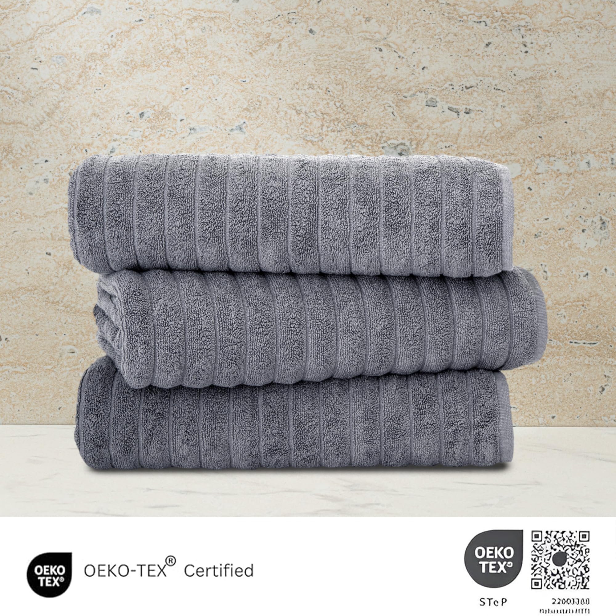Classic Turkish Towels Luxury Oversized 3-Piece Bath Sheets - Jacquard Ribbed  Extra Large  40x65 Inch  Absorbent Bathroom Towels  100% Turkish Cotton Bathroom Towels (Grey)
