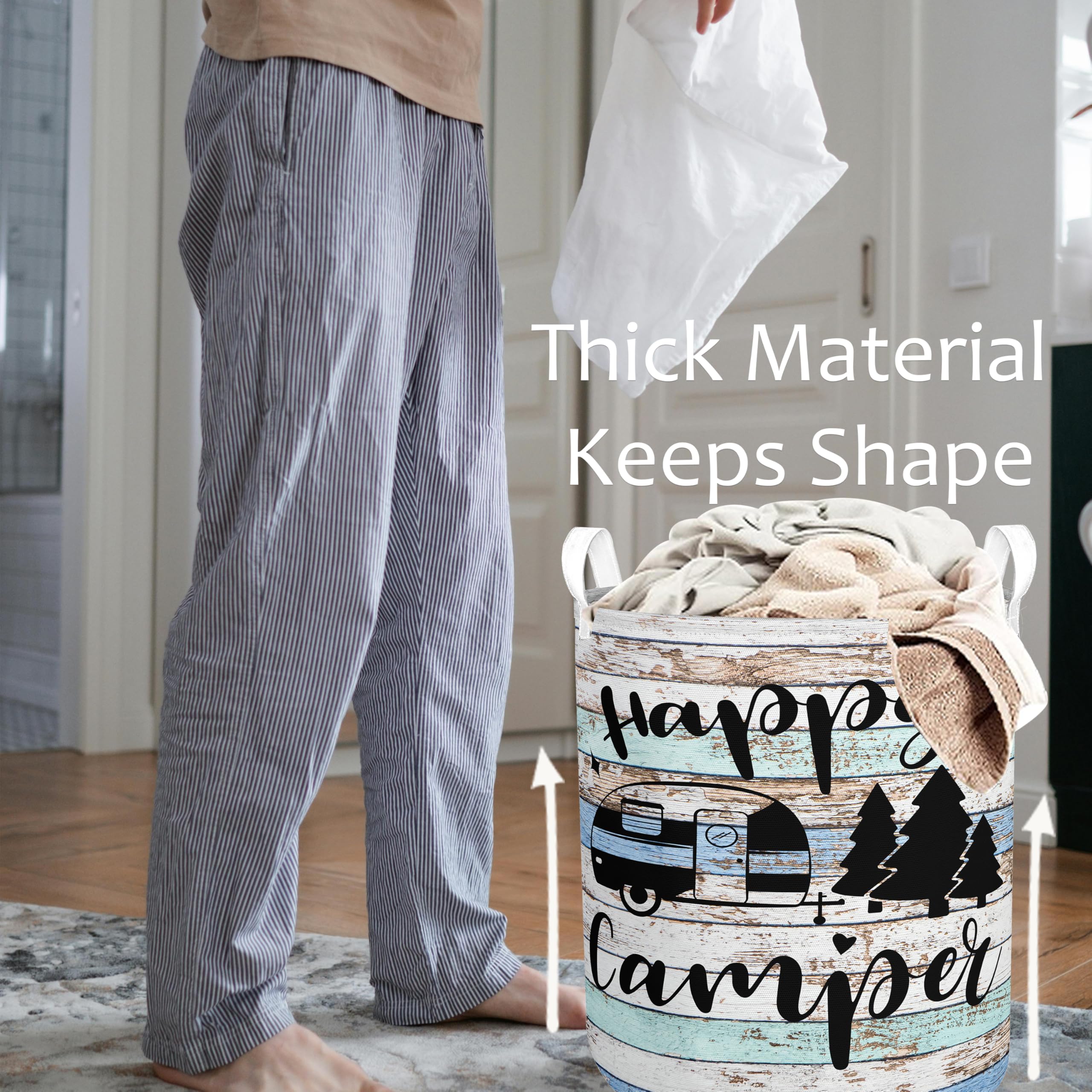 Happy Camping Laundry Basket Foldable With Handles Tote Bag Waterproof Oxford Cloth Blue Funny Laundry Hamper Clothes Storage Bu